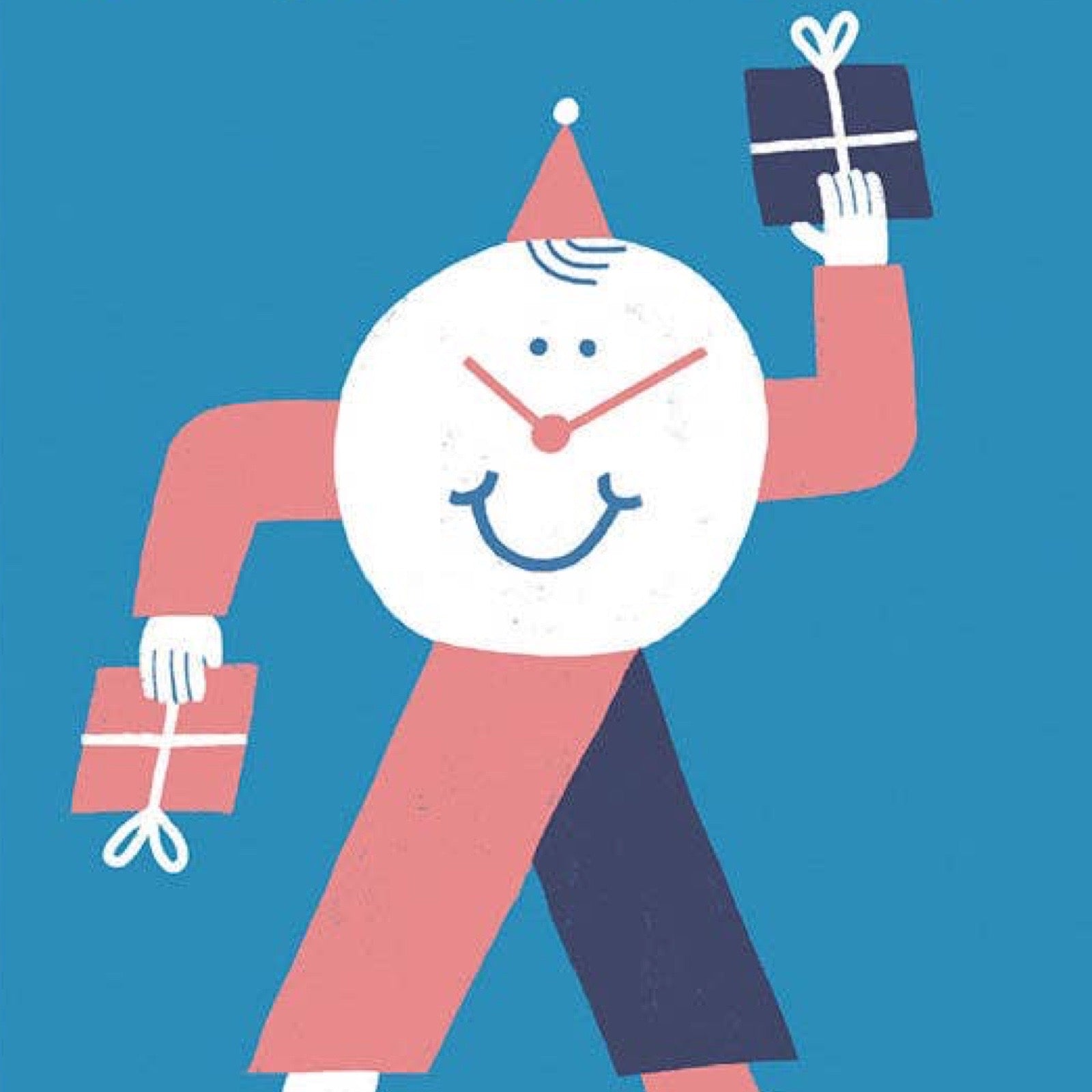 Birthday card featuring an illustration of a walking clock wearing a party hat holding presents in each hand.