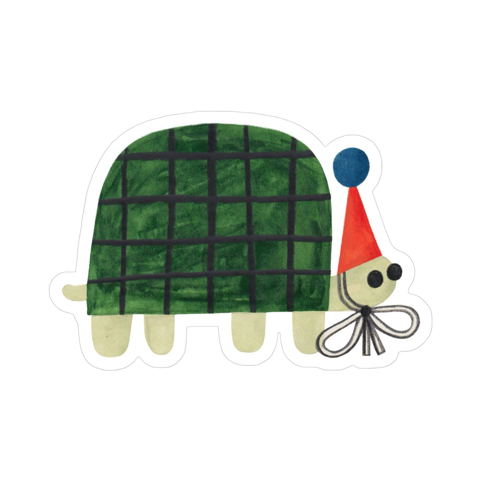 Vinyl sticker of a green turtle wearing a red party hat with a blue pom pom