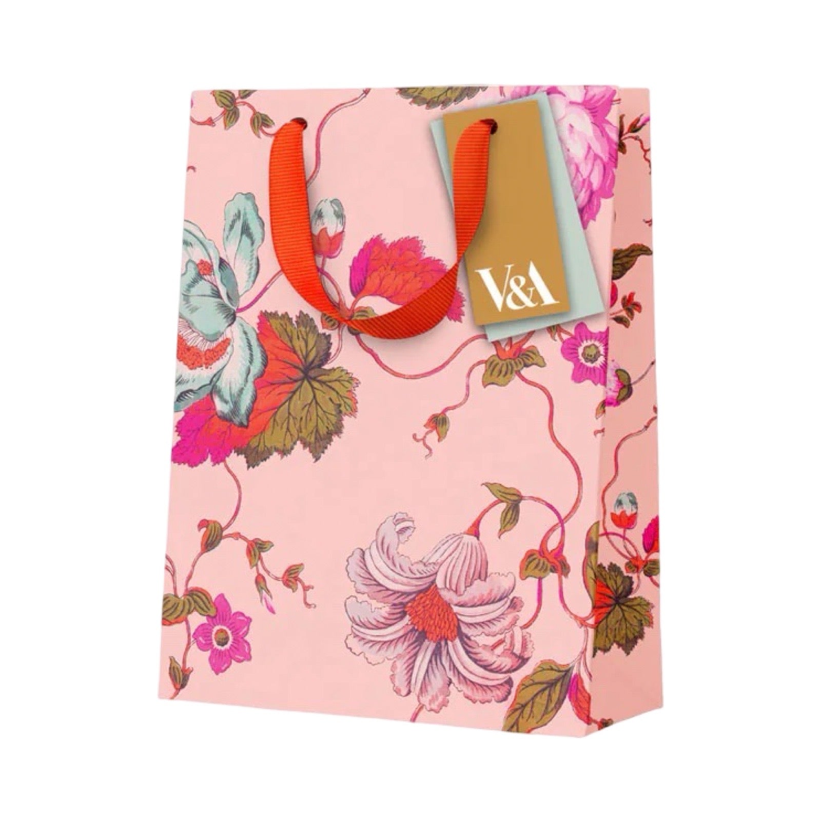 A pink paper gift bag with a floral print, featuring orange-red handles and a gold V&A brand tag.