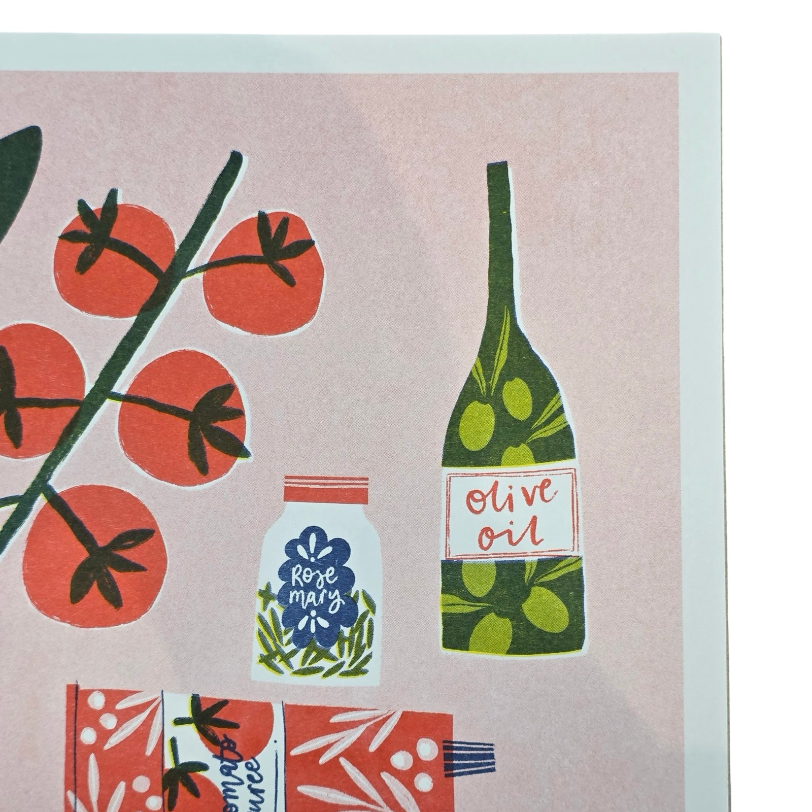 This print features an illustration of ingredients and dishes to make a delicious serving of pasta. 