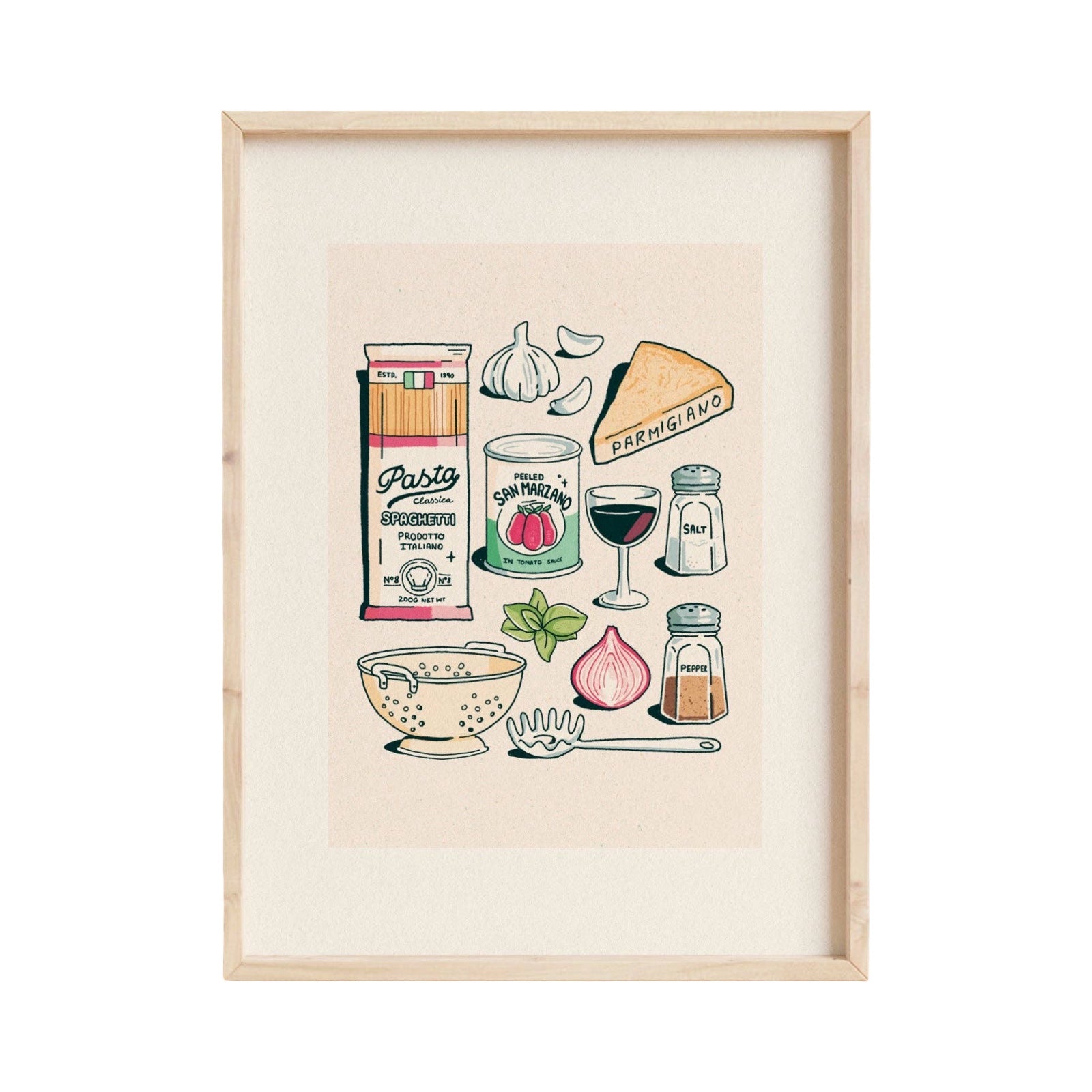 This art print features illustrations of the ingredients to make a delicious spaghetti. 
