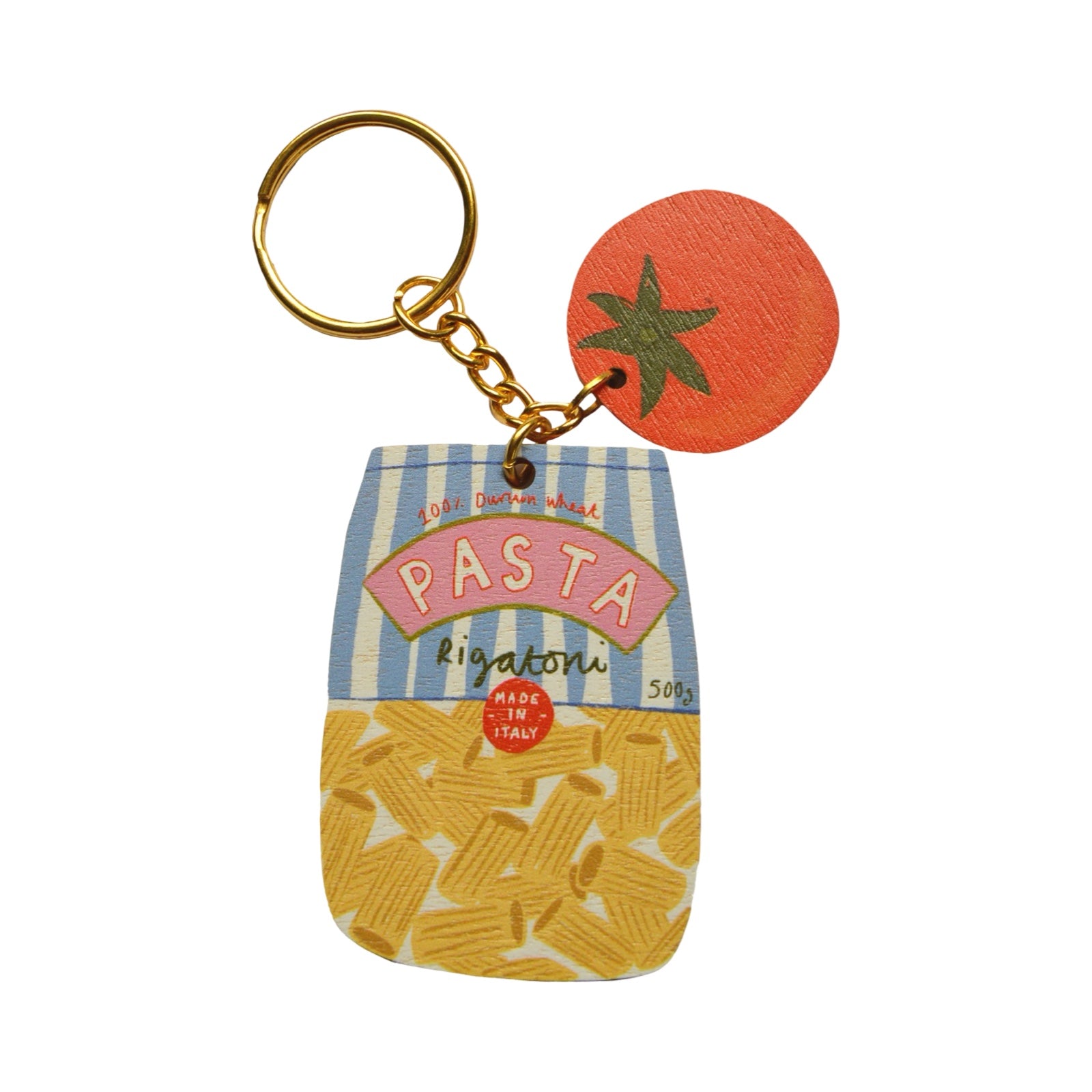 Keychain shaped like a pasta box with a tomato on a white background.
