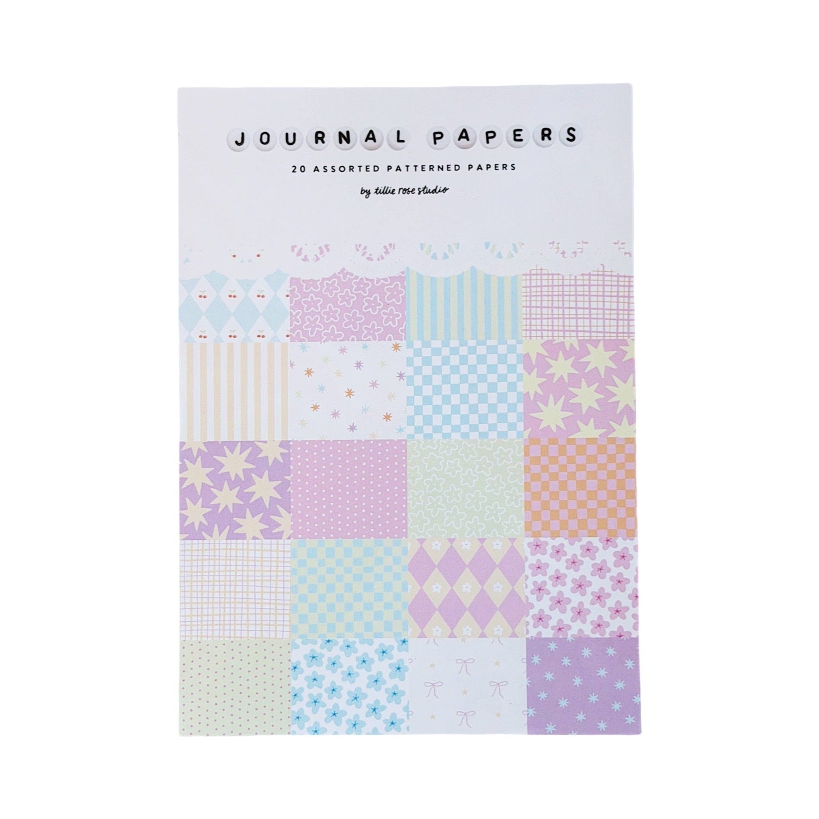A sheet of patterned journal papers labeled 'JOURNAL PAPERS' by Tillie Rose Studio, on a white background.
