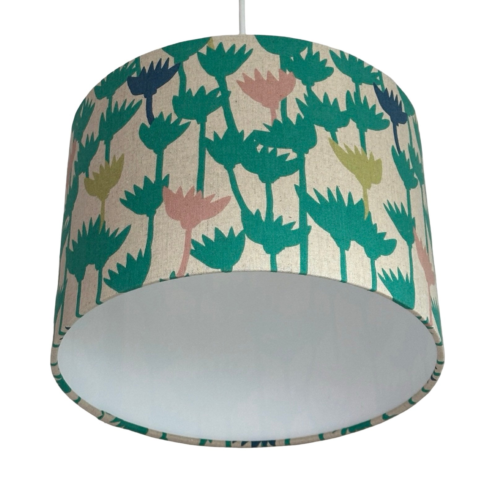 Lampshade with floral pattern on a white background.