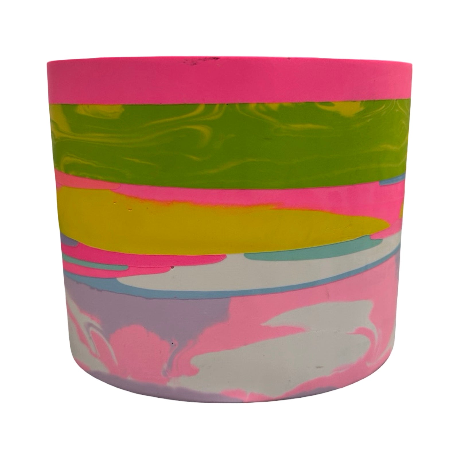 Colorful cylindrical planter with pink, green, yellow, and gray marbled pattern on a white background.