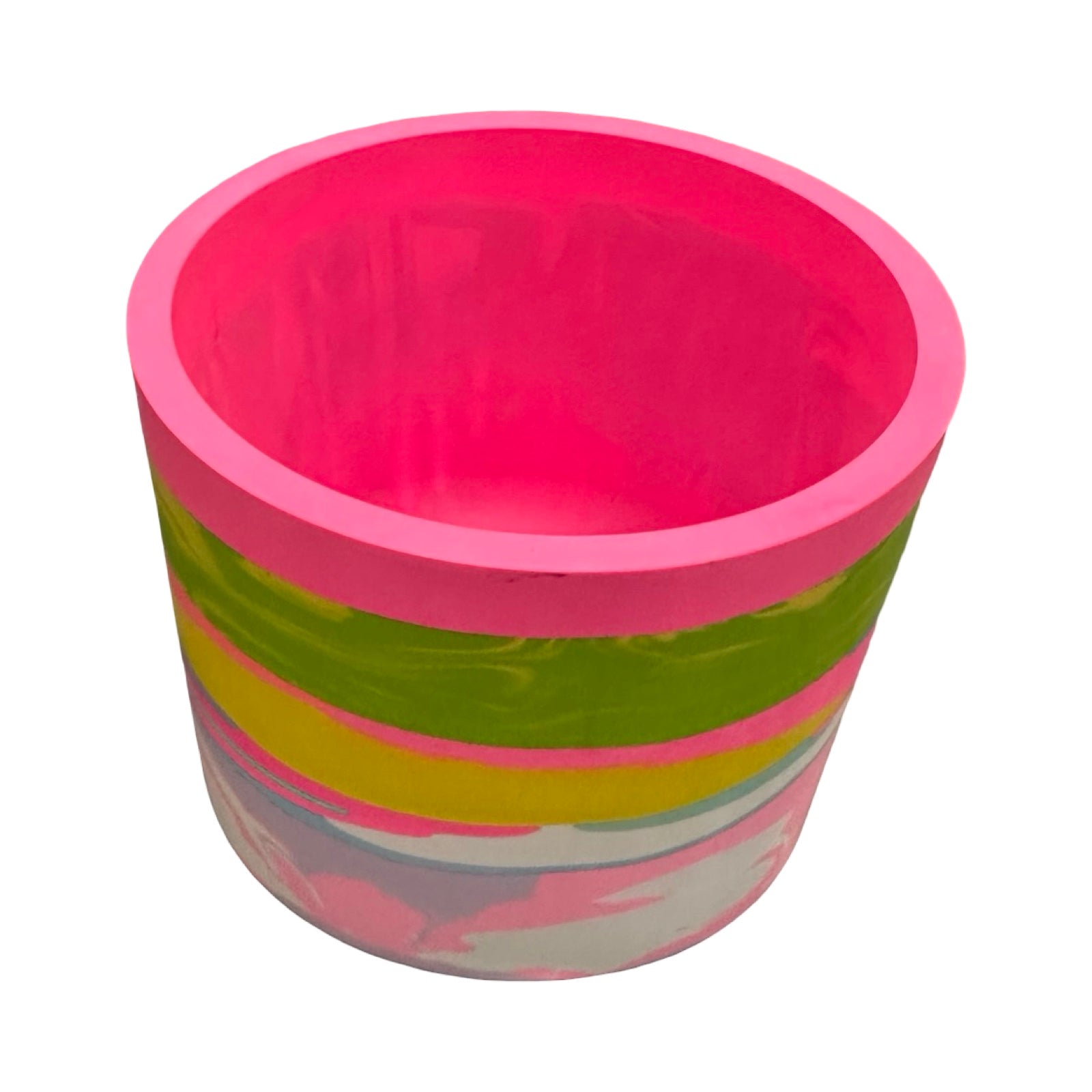 Colorful striped planter with a pink rim on a white background.