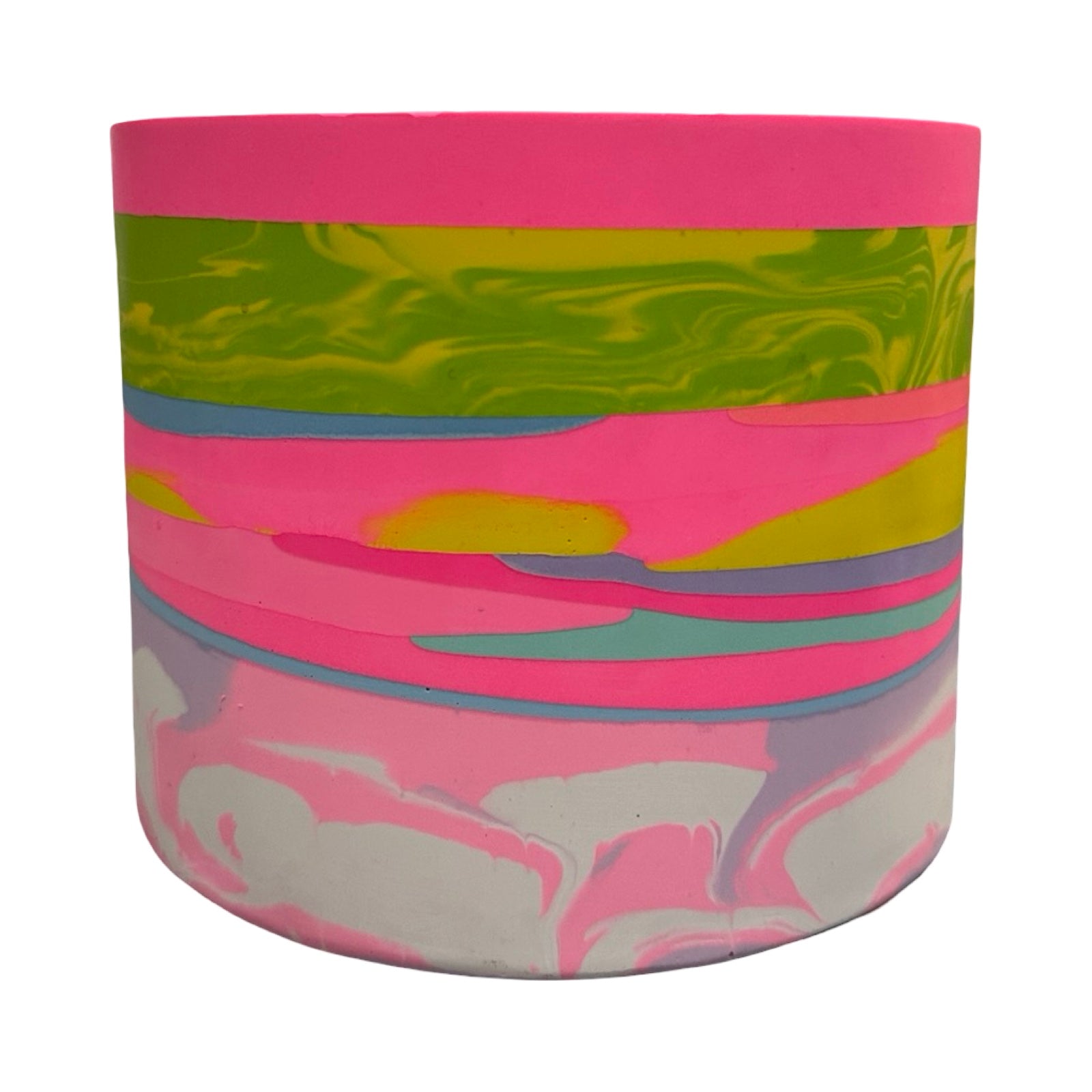 Colorful cylindrical planter with pink top and multicolored body on a white background.