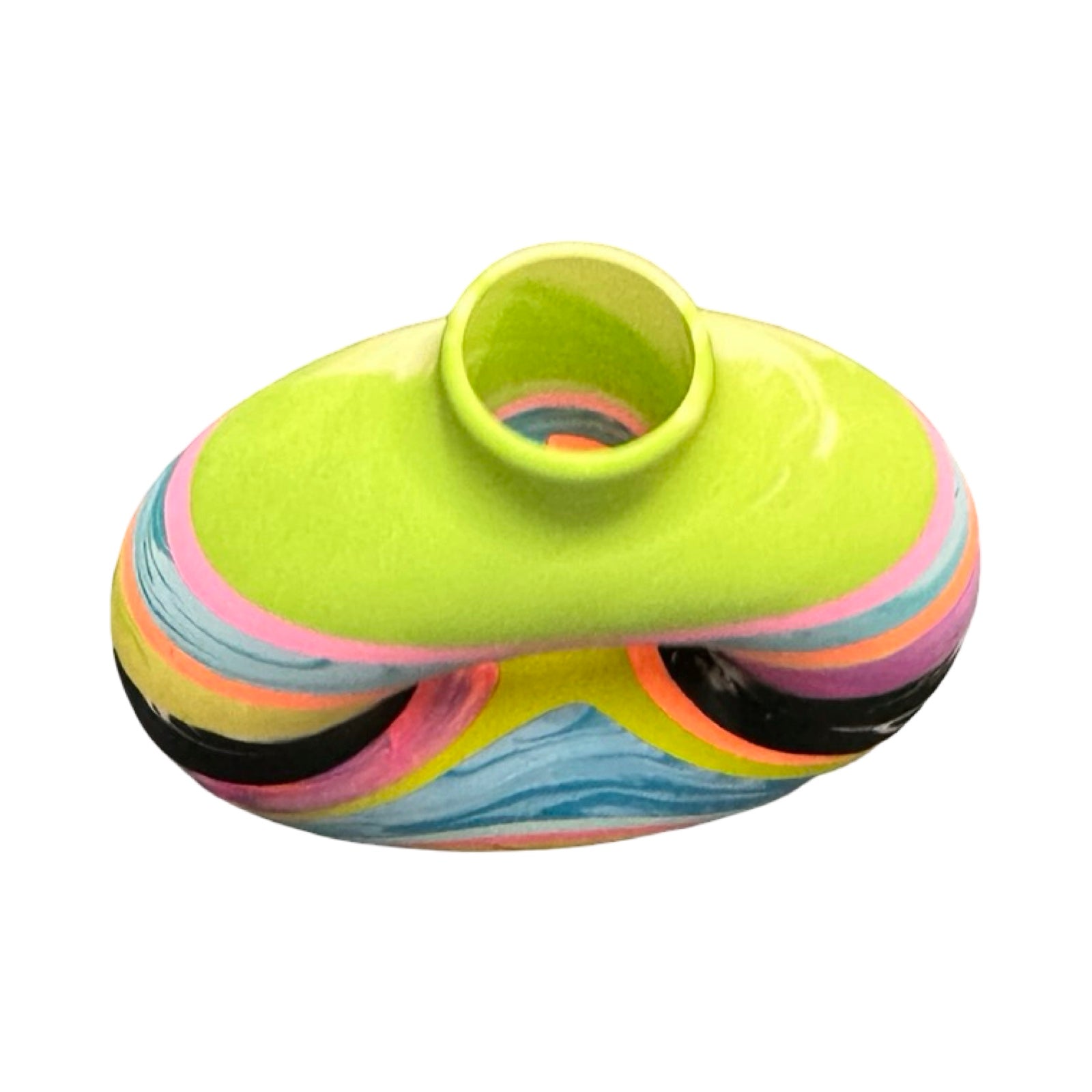 Colorful donut shaped vase with a unique design on a white background.
