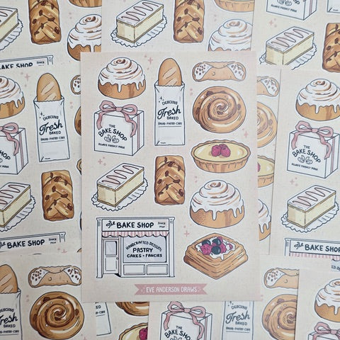 Pastry-themed sticker sheet featuring 11 individual stickers including a cinnamon bun, a fresh bread stick and a bake shop.
