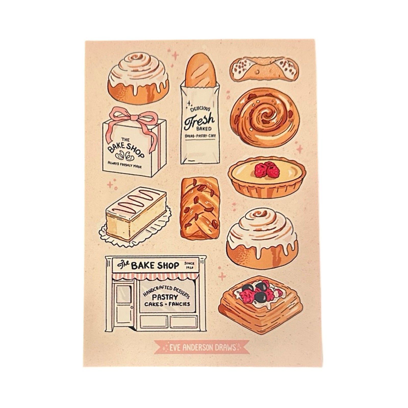 Pastry-themed sticker sheet featuring 11 individual stickers including a cinnamon bun, a fresh bread stick and a bake shop.