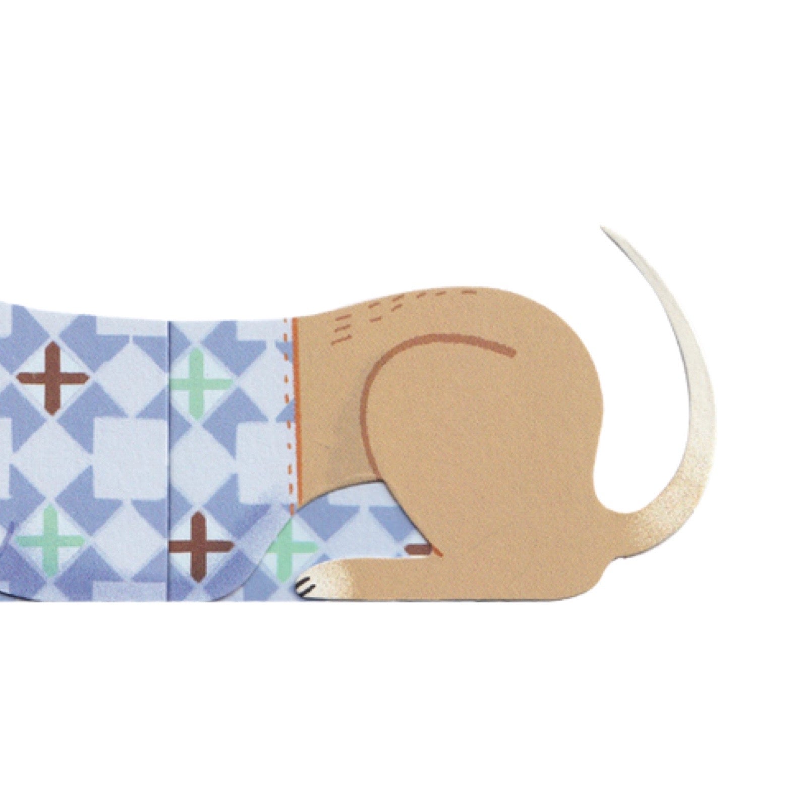 A stylised illustration of a tan dog's rear and tail, wearing a blue and white geometric patterned fabric or background with small brown and green cross motifs.