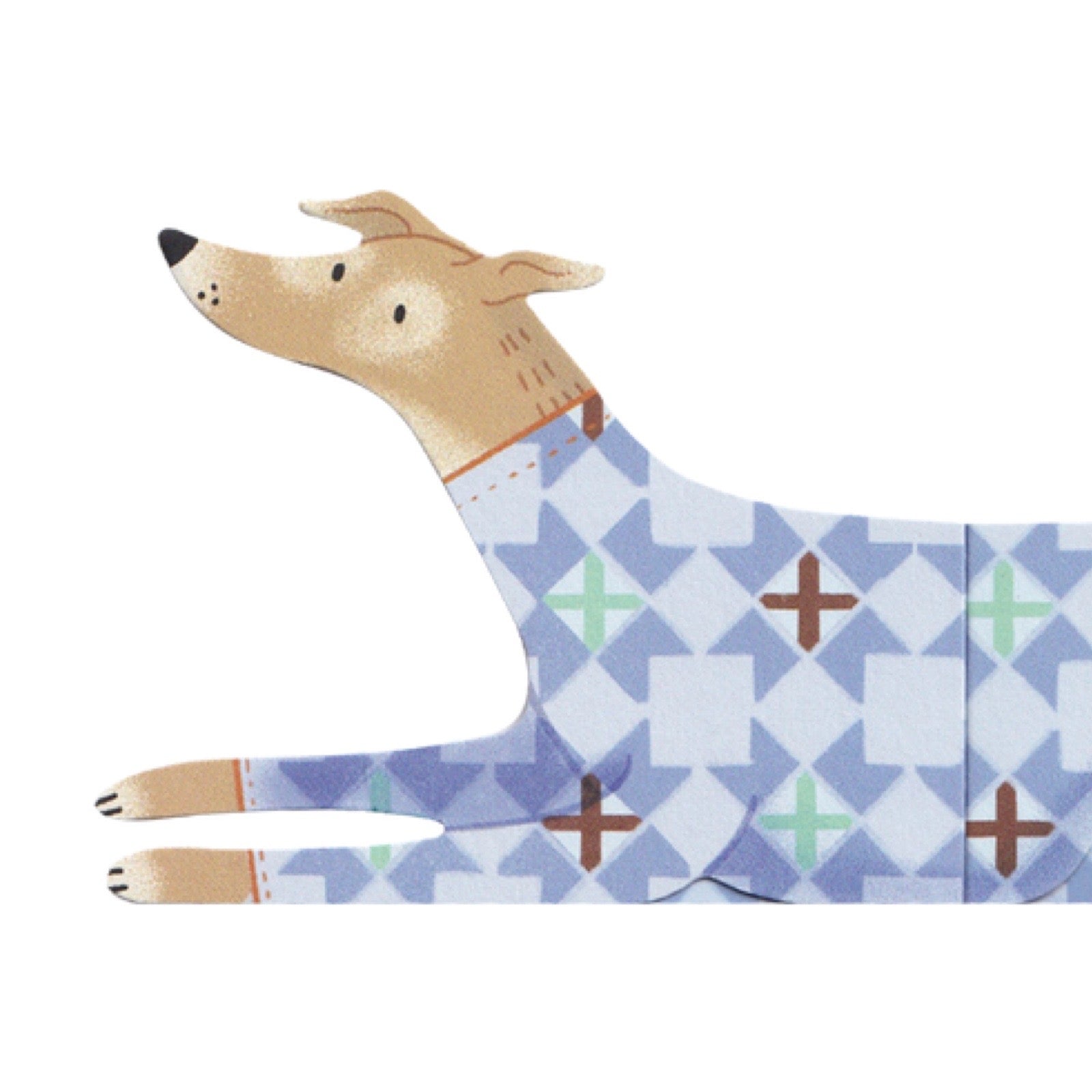 A stylized dog illustration wearing a blue and white geometric patterned sweater with brown and mint green accents, shown on a plain white background.