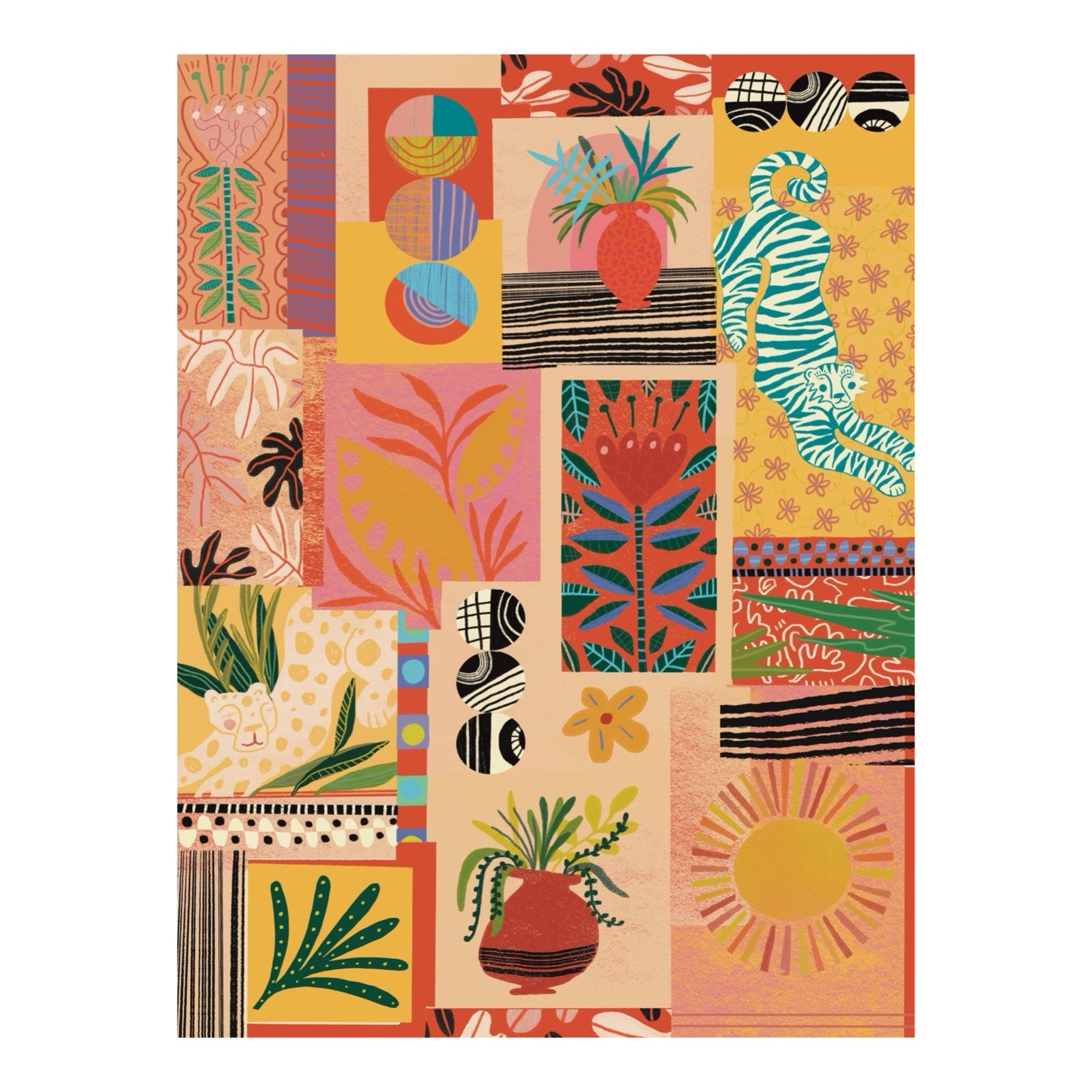 This art print features a patchwork collage design of colourful plants, flowers, geometric shapes and a green and white tiger.