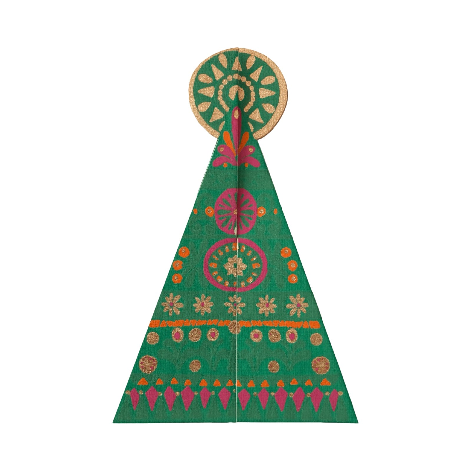 Hand-printed green Christmas tree-shaped pop-up card with gold, pink and orange baubles and a large gold star, made from thick recycled paper and packaged in a biodegradable cello sleeve.