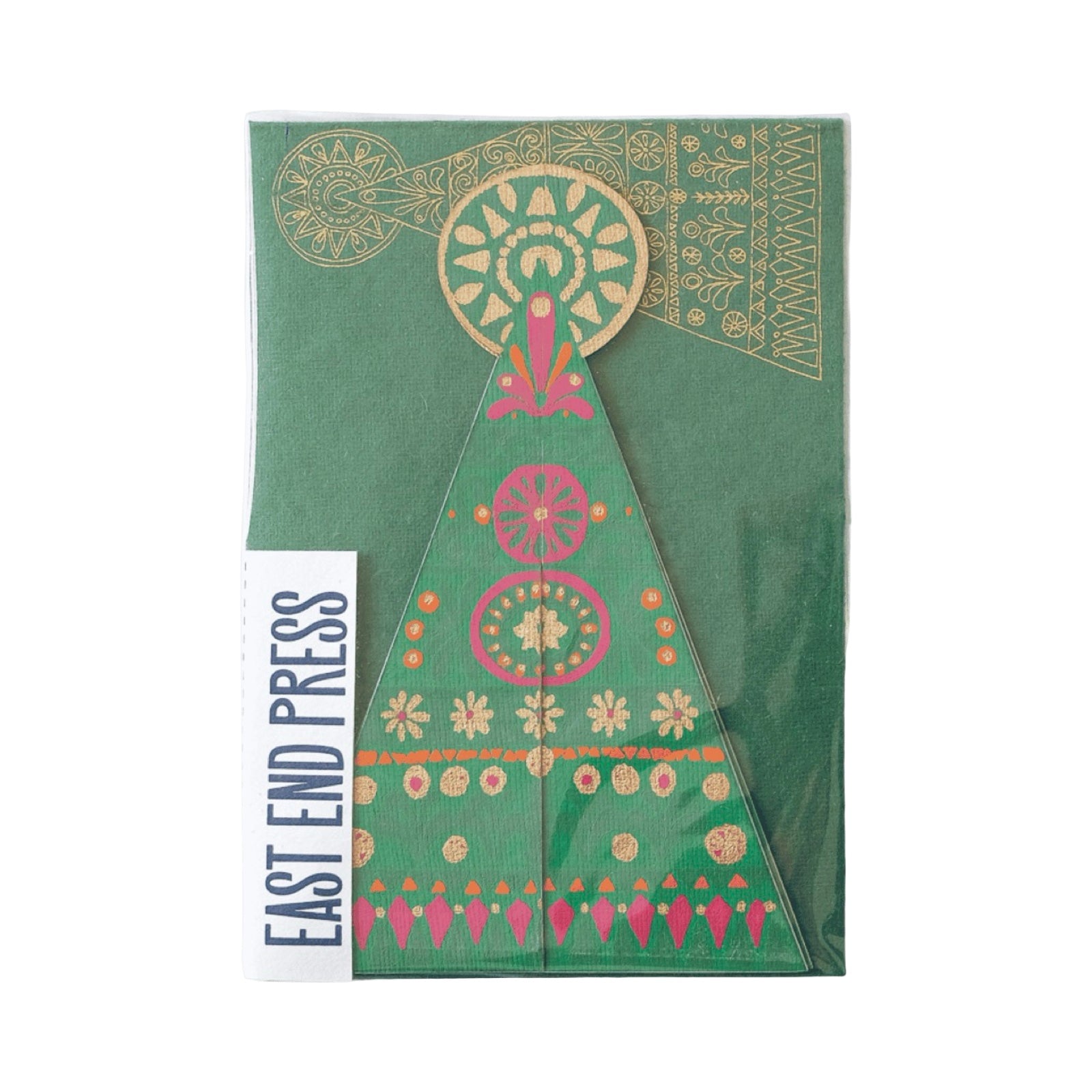 Hand-printed green Christmas tree-shaped pop-up card with gold, pink and orange baubles and a large gold star, made from thick recycled paper and packaged in a biodegradable cello sleeve.