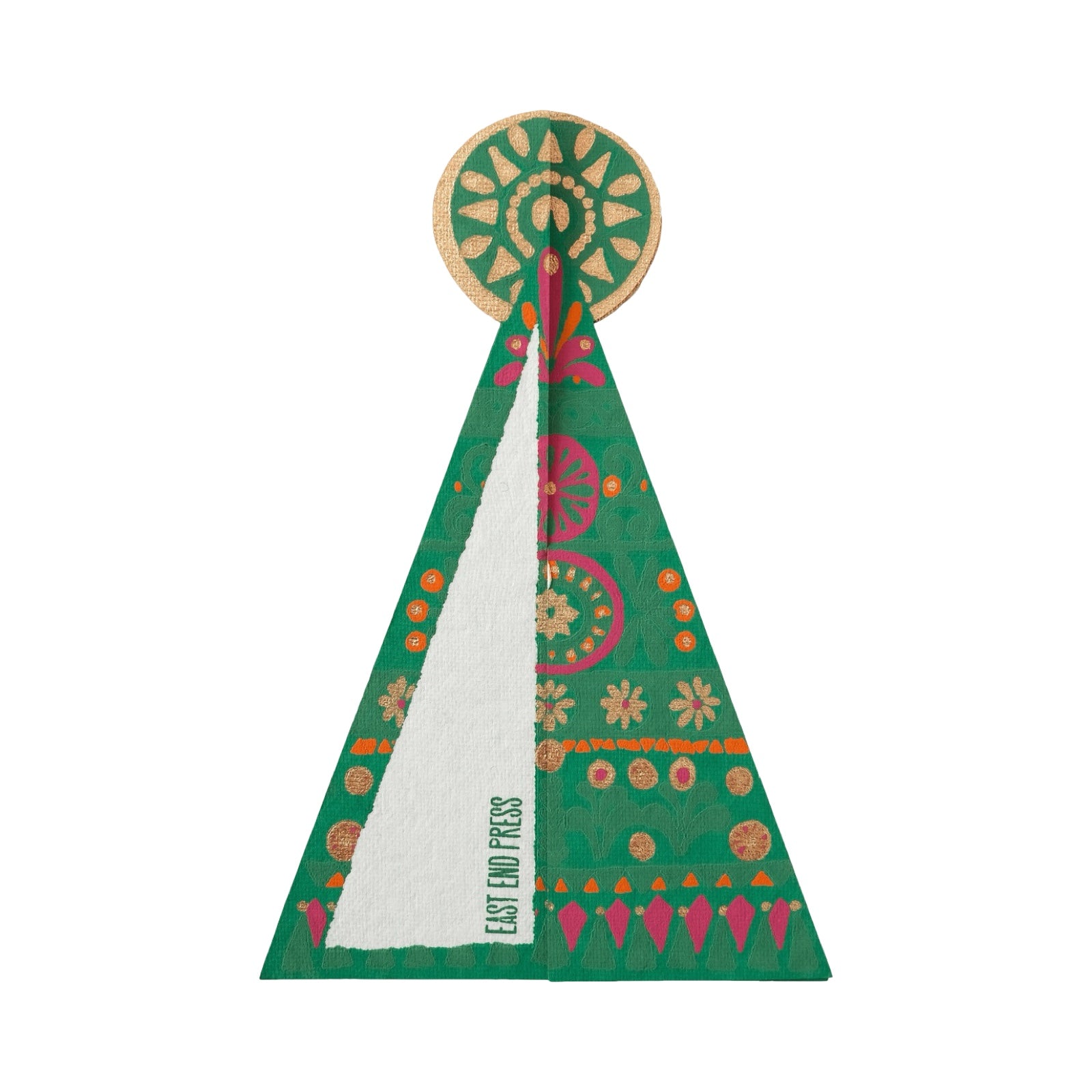 Hand-printed green Christmas tree-shaped pop-up card with gold, pink and orange baubles and a large gold star, made from thick recycled paper and packaged in a biodegradable cello sleeve.