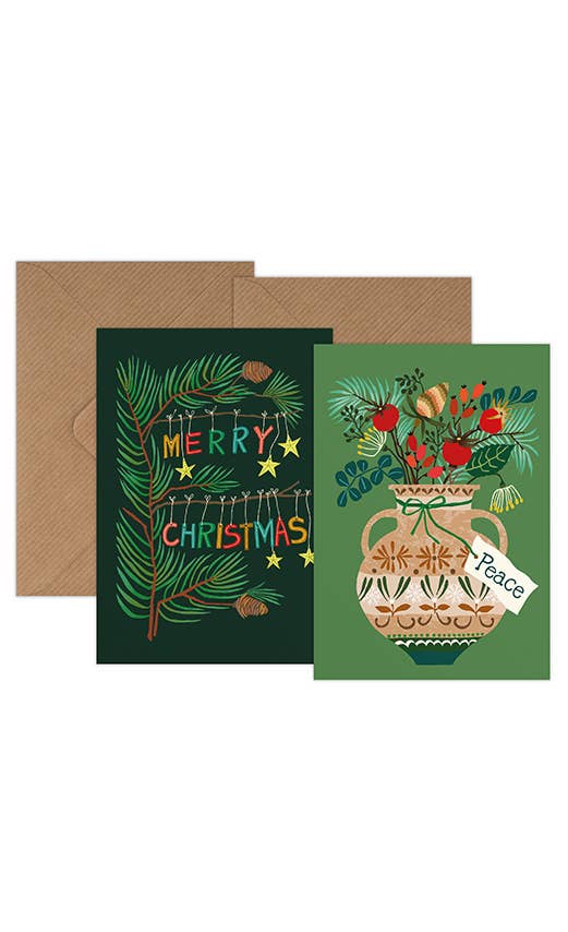 Two Christmas greeting cards with brown envelopes, featuring festive illustrations including pine branches, ornaments, and a patterned vase with the words 'Merry Christmas' and 'Peace'.