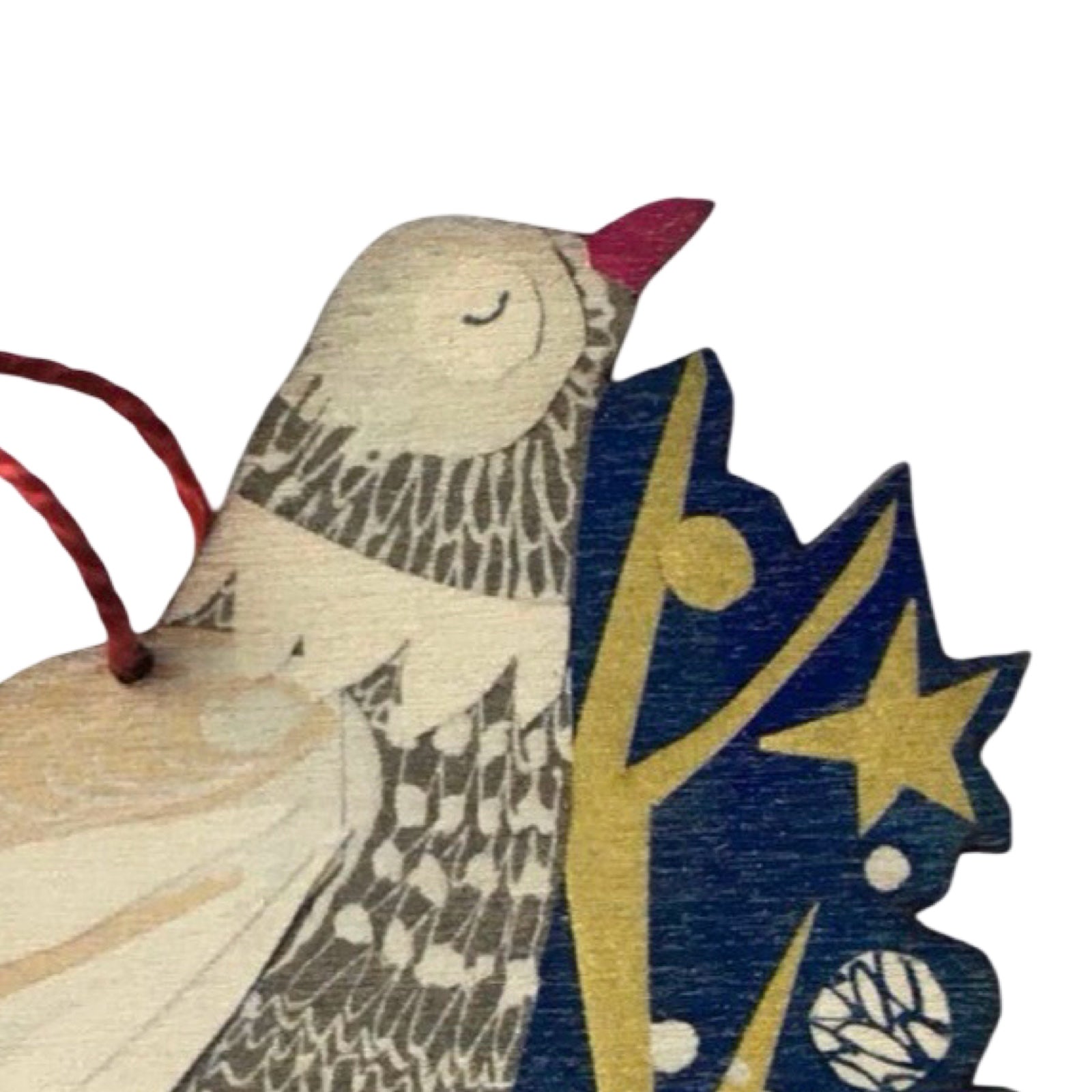 This wooden Christmas decoration features a peace dove standing on a golden branch. Each decoration is made from sustainably sourced ply and strung with festive red thread.