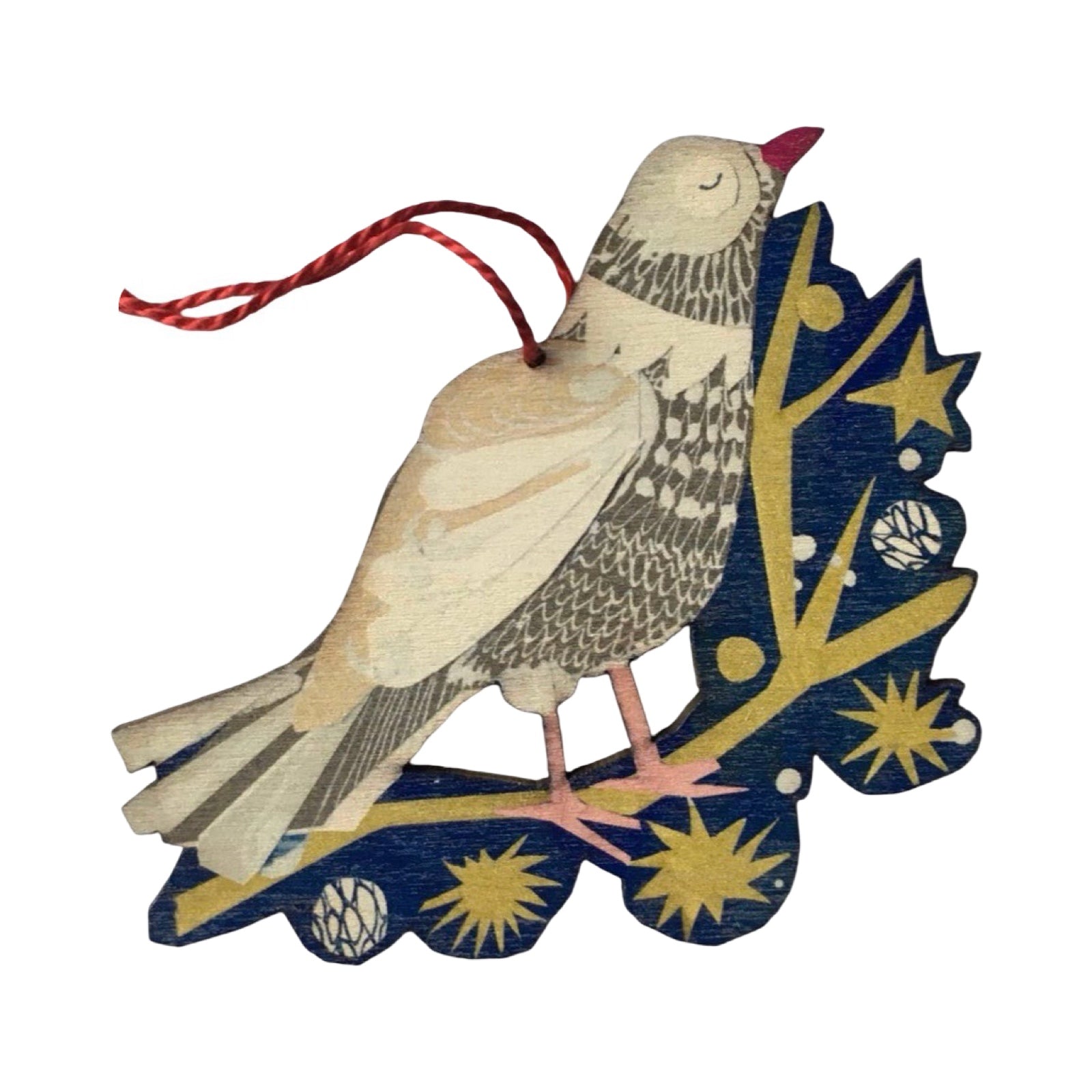 This wooden Christmas decoration features a peace dove standing on a golden branch. Each decoration is made from sustainably sourced ply and strung with festive red thread.