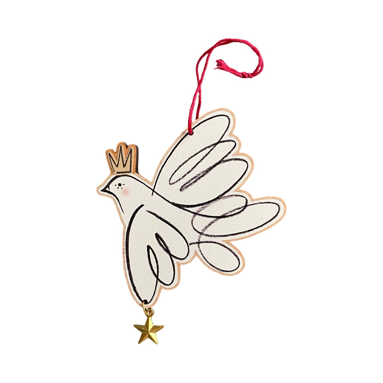 Decorative dove ornament with a star and crown on a white background.