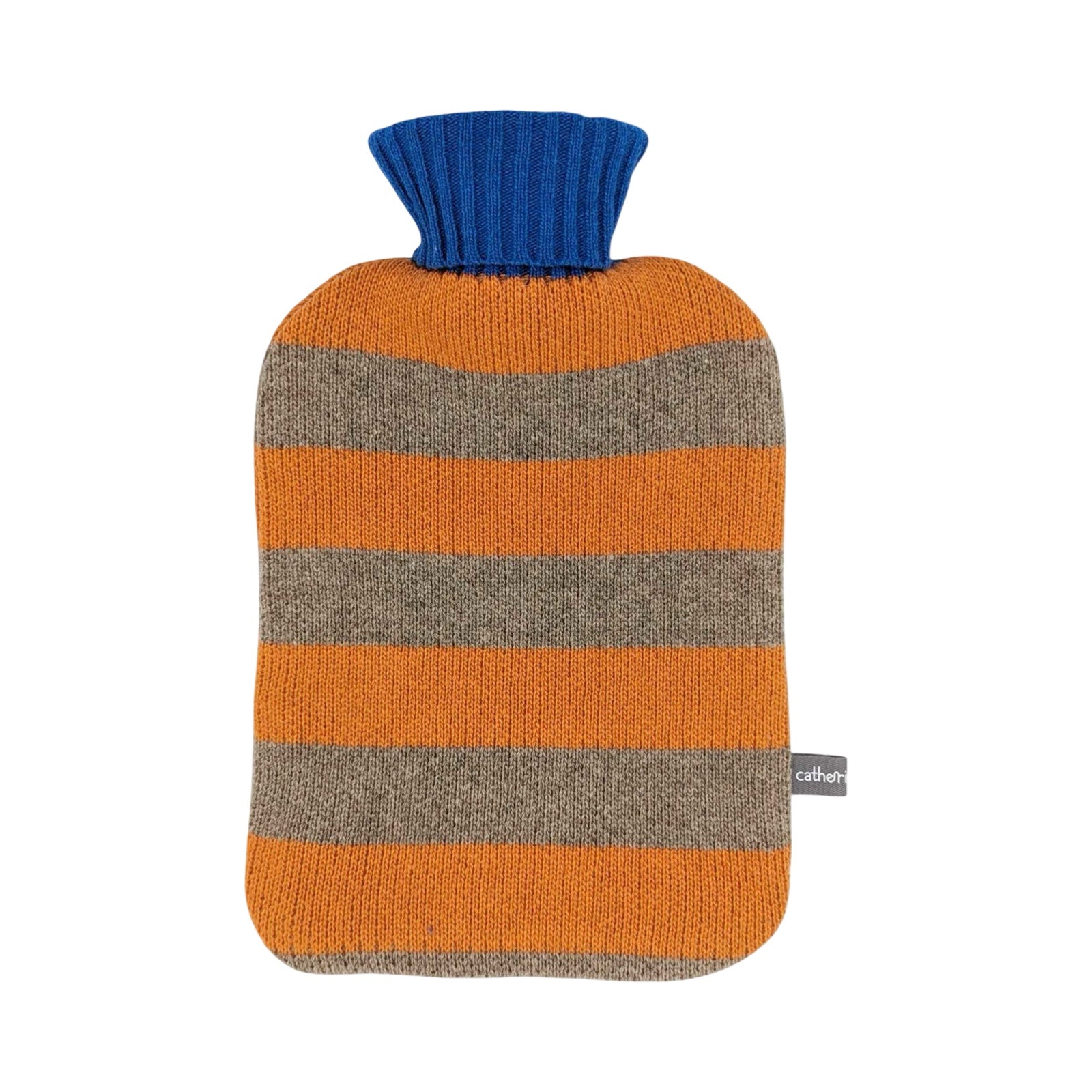 Knitted hot water bottle cover with orange and brown stripes and blue top on a white background.