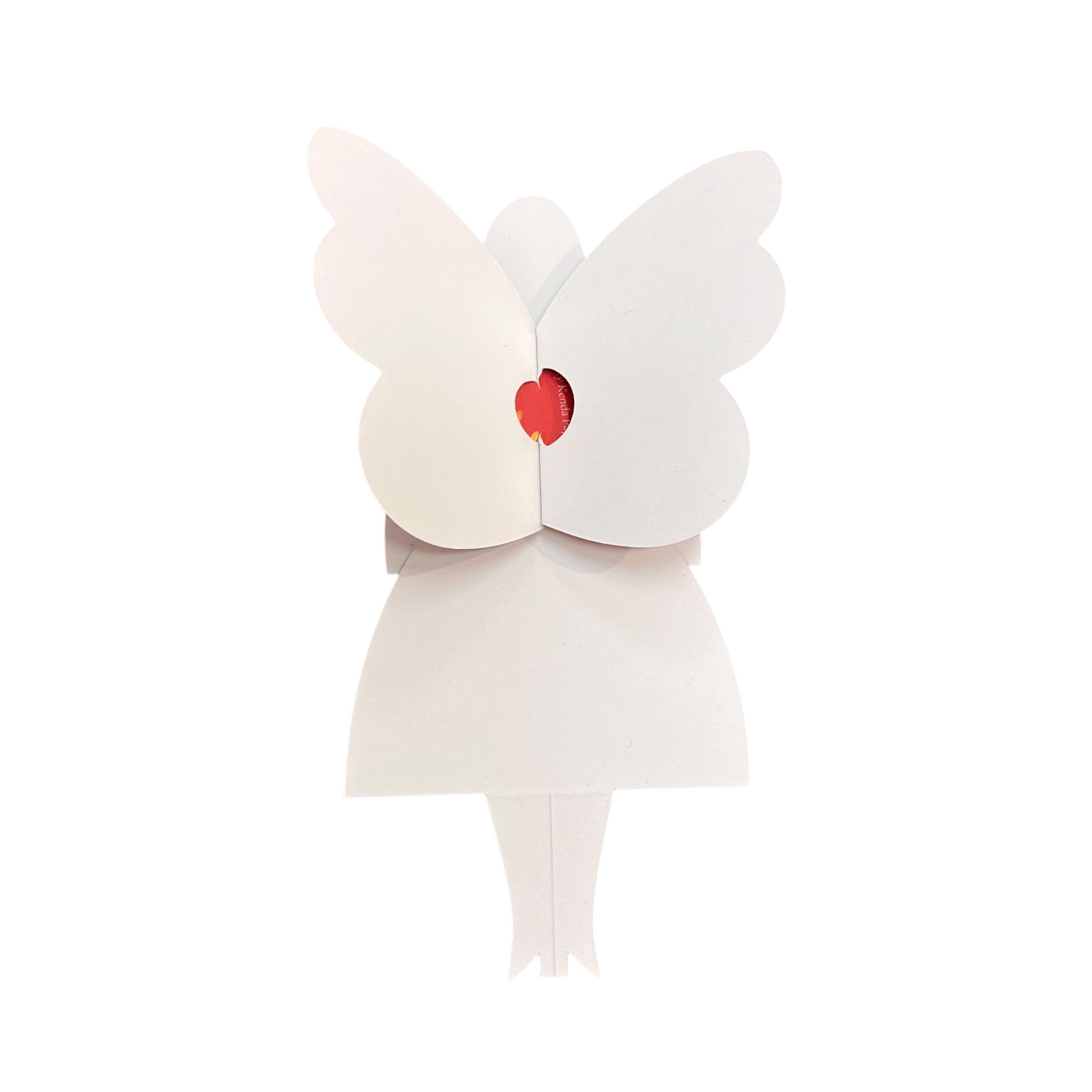 This gorgeous peacock butterfly woman card can stand or sit on a shelf as a decoration. It features a lady in a red dress with a white love heart and colourful wings that match the base of her dress. This 14cm x 18cm card is printed onto 300gsm&nbsp;sustainable cardstock and hand-folded into place with a blank space on the back for your message.