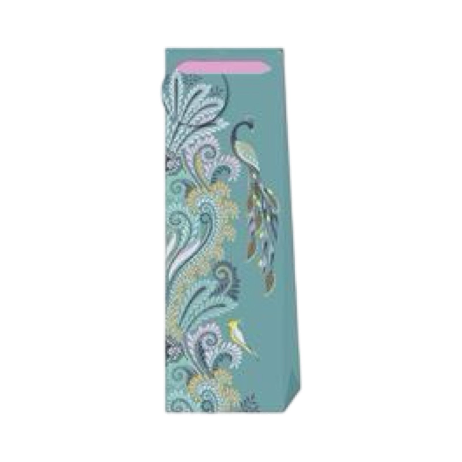 Bottle gift bag featuring a peacock standing amongst pink, teal and navy trees on a dusty teal background with a pale pink ribbon handle and matching gift tag.