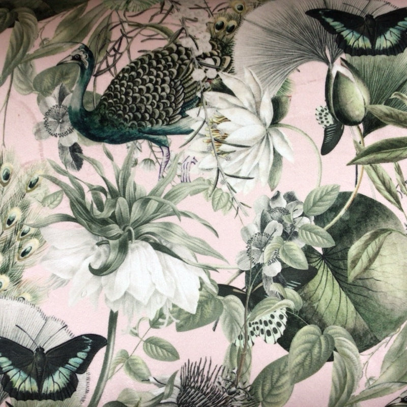 This bench is covered in gorgeous light pink velvet fabric with green peacocks, green butterflies, green foliage and white flowers and is finished with cream binding and mahogany legs.