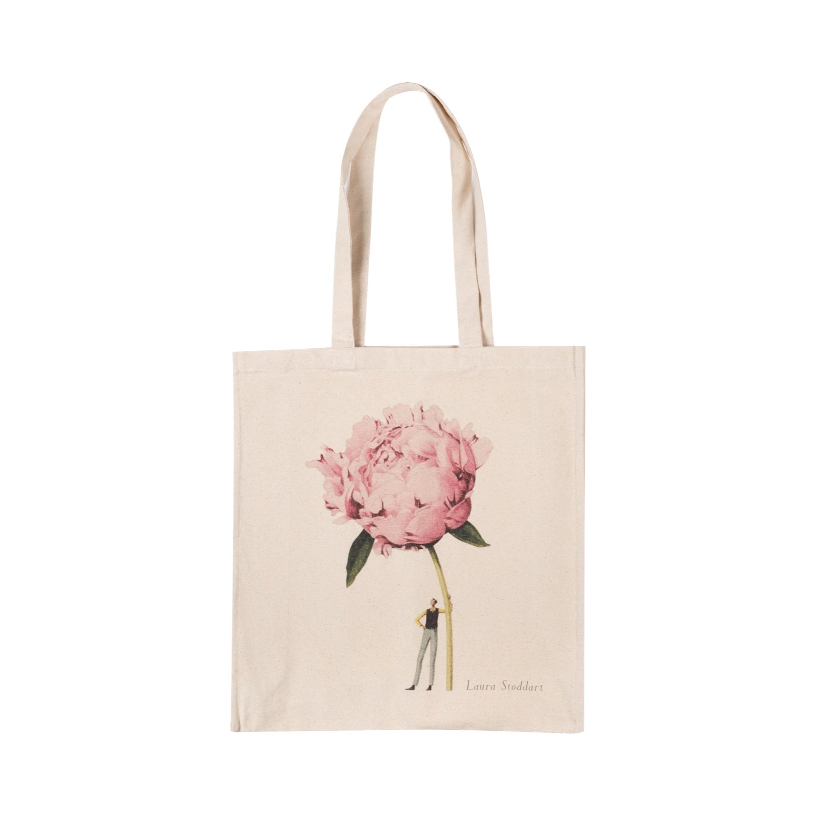 Tote bag featuring a beautiful illustration of a fabulously dressed man holding a giant pink peony.