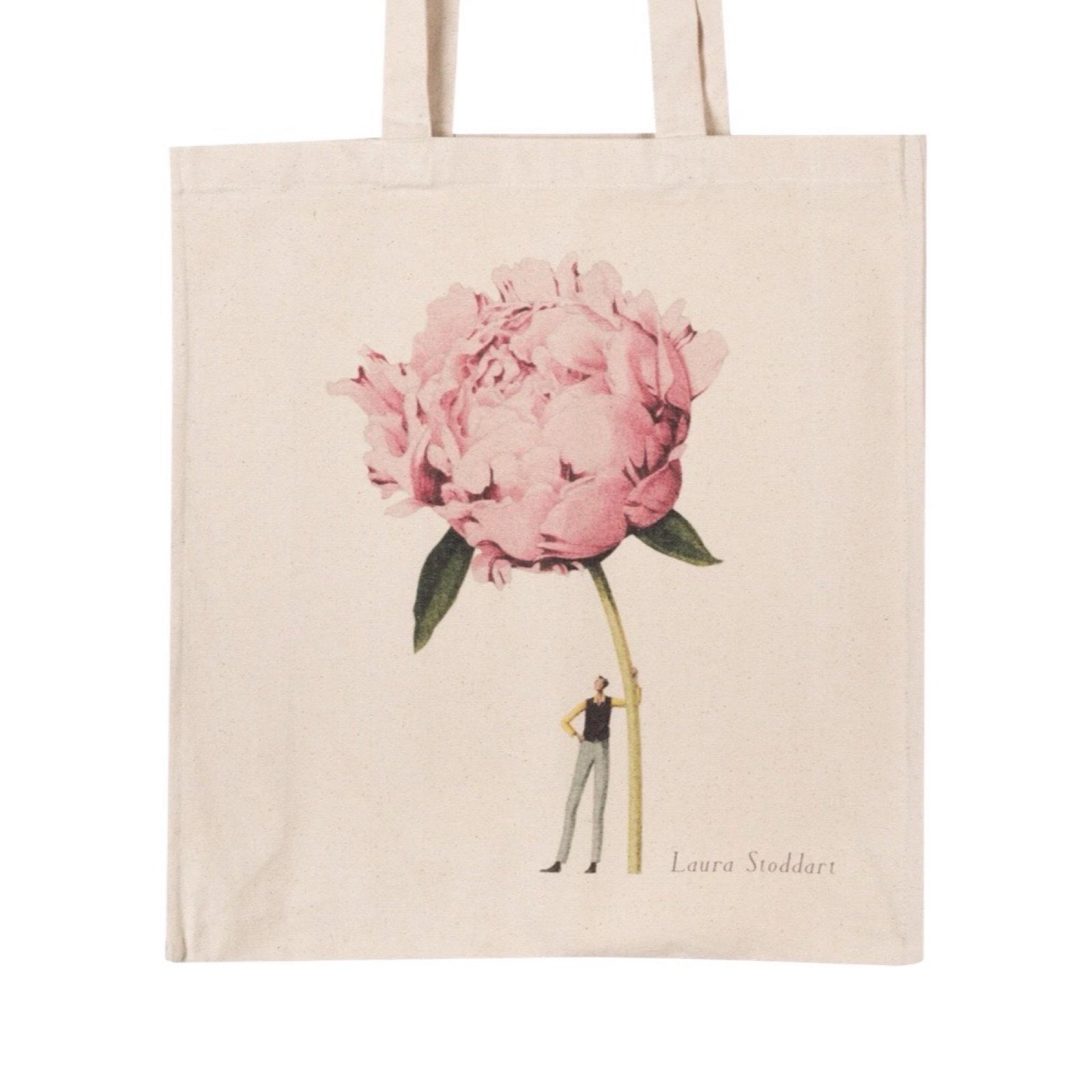 Tote bag featuring a beautiful illustration of a fabulously dressed man holding a giant pink peony.