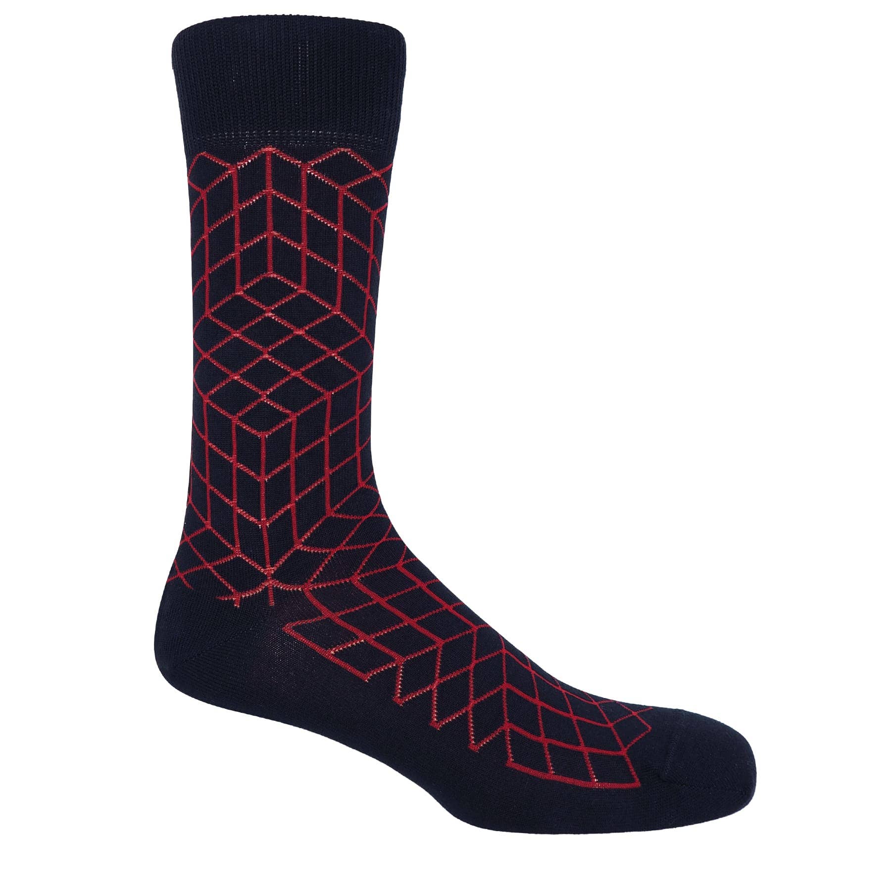 Black sock with red geometric pattern on a white background.