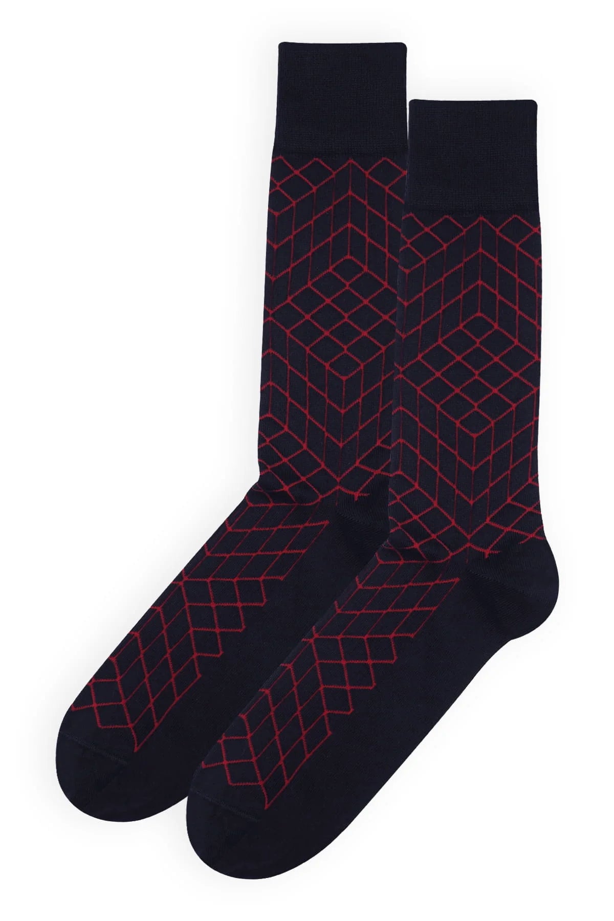 Black socks with red geometric pattern on a white background.