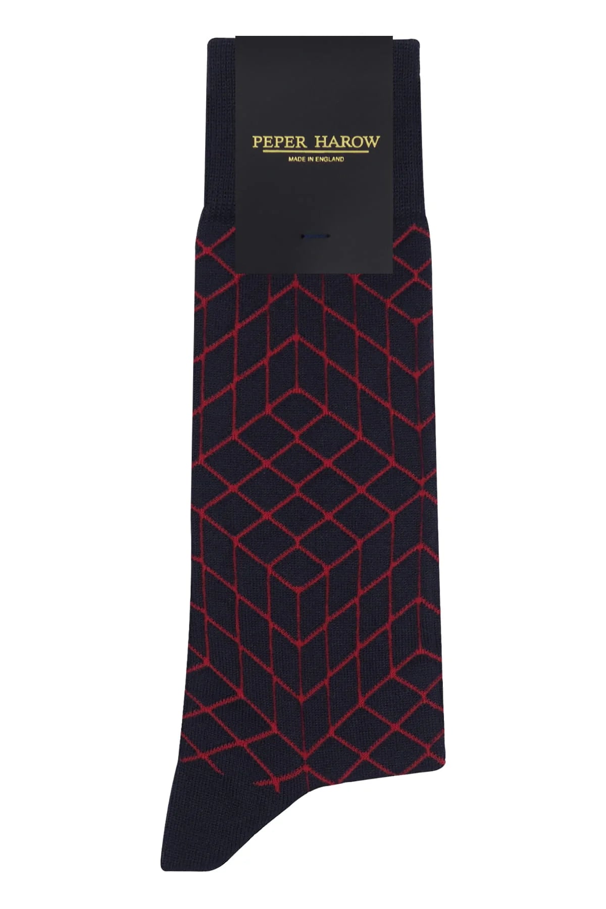 Black sock with red geometric pattern on a white background, with tag with the brand 'Peper Harow'.