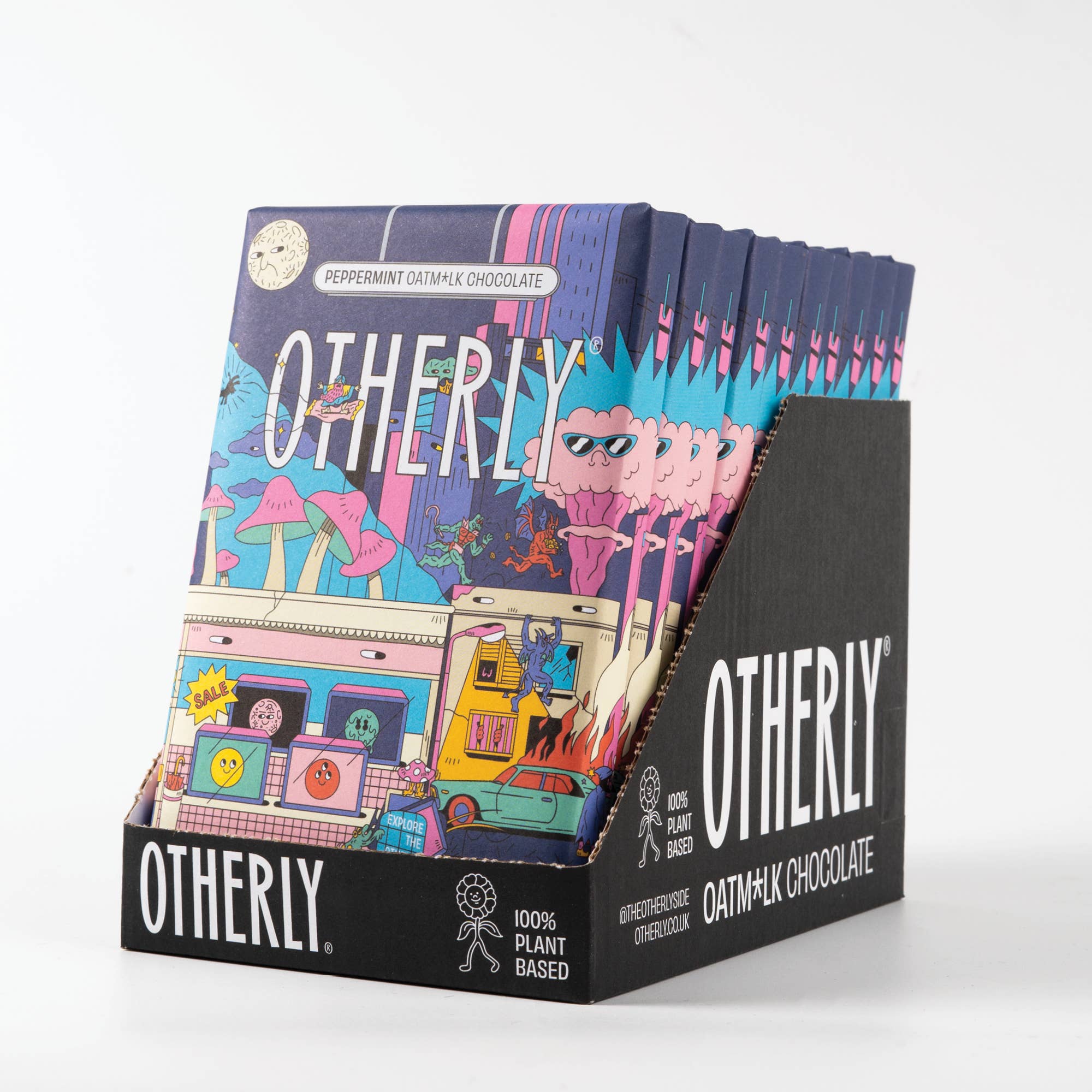 Display of 'Otherly' oat milk chocolate bars with colourful packaging.