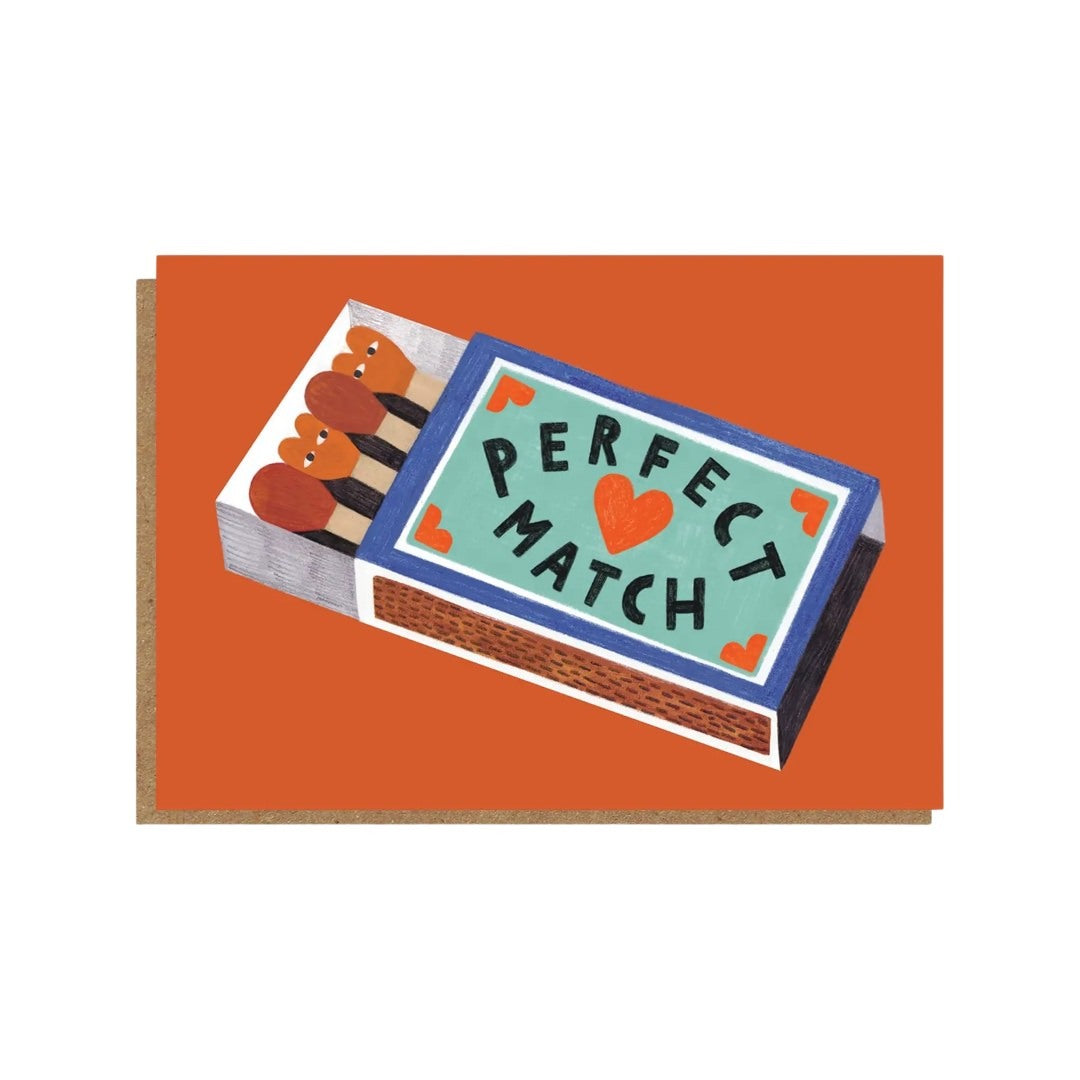 Card featuring an illustration of matches in a box and includes the text "Perfect Match".