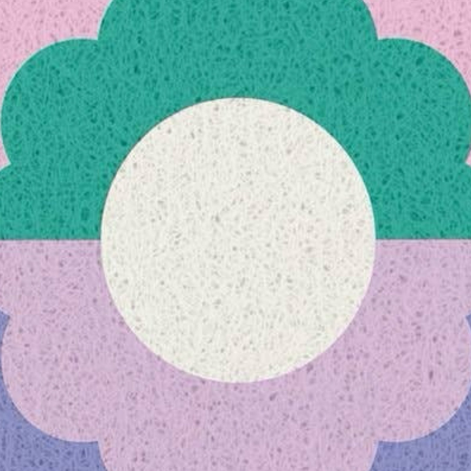 A close-up of a textured surface with a flower in teal and lavender surrounding a large white circular centre.