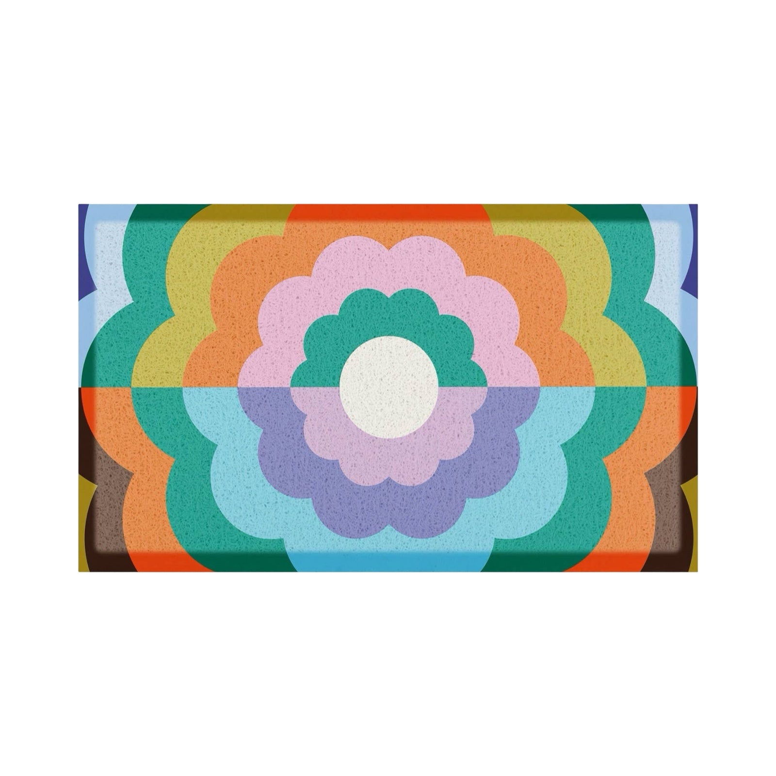 A rectangular doormat featuring a retro 1970s-style concentric flower pattern in multiple colors including orange, yellow, green, teal, pink, purple, blue, and white.