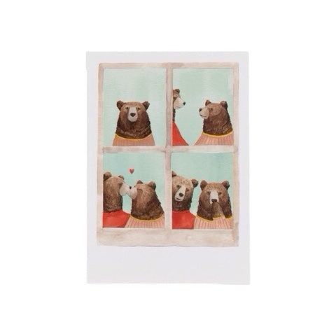 Illustration of bears in sweaters looking out a window with a heart symbol.