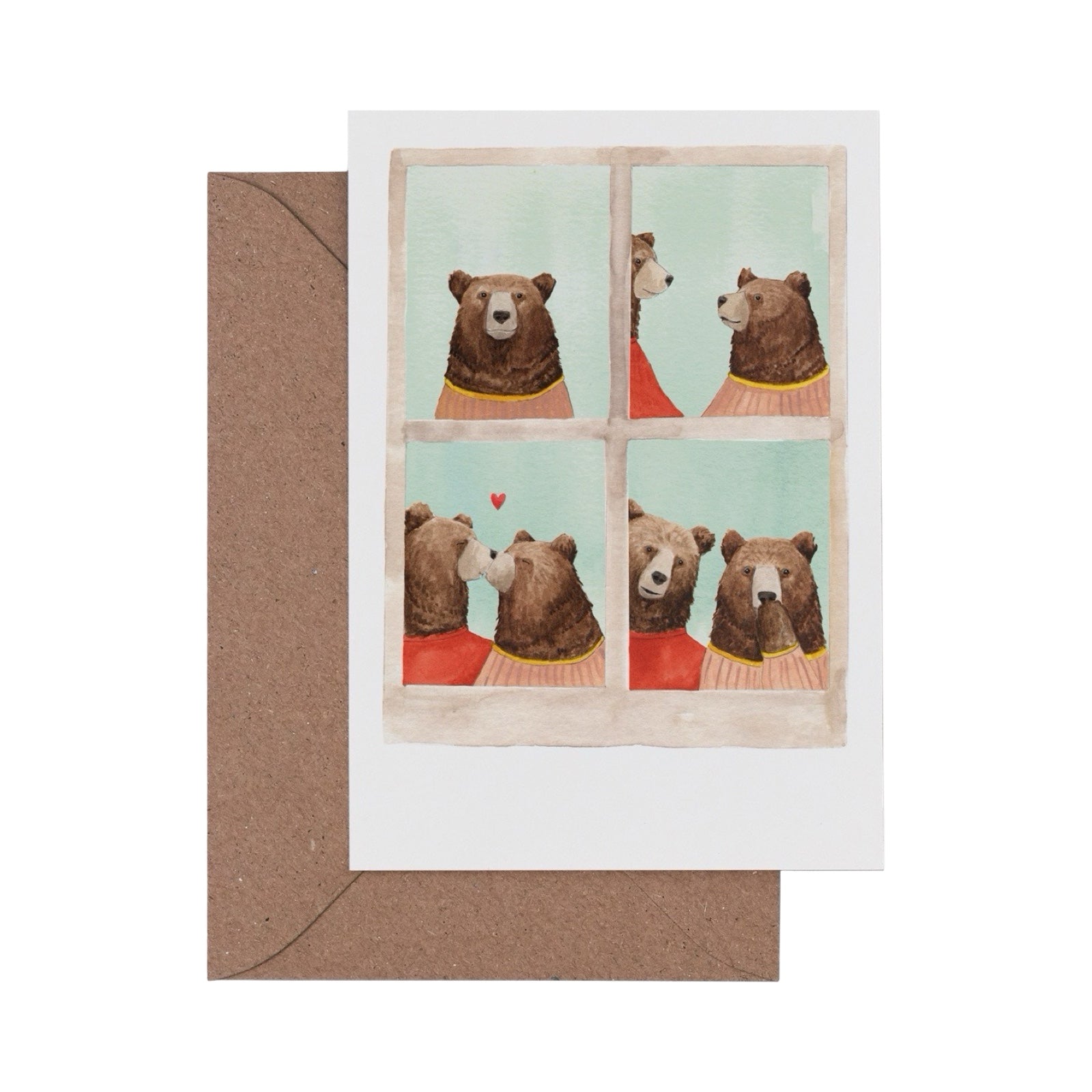 Greeting card with illustration of bears looking out a window, accompanied by a brown envelope.