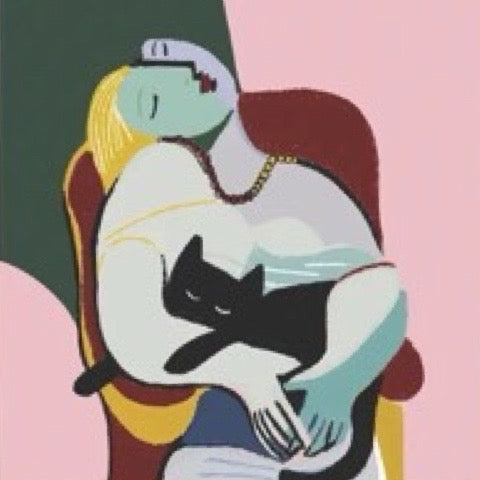 Cat card featuring an illustration of a cat in the lap of a sleeping lady, based on paintings by the cubist legend, Pablo Picasso. 