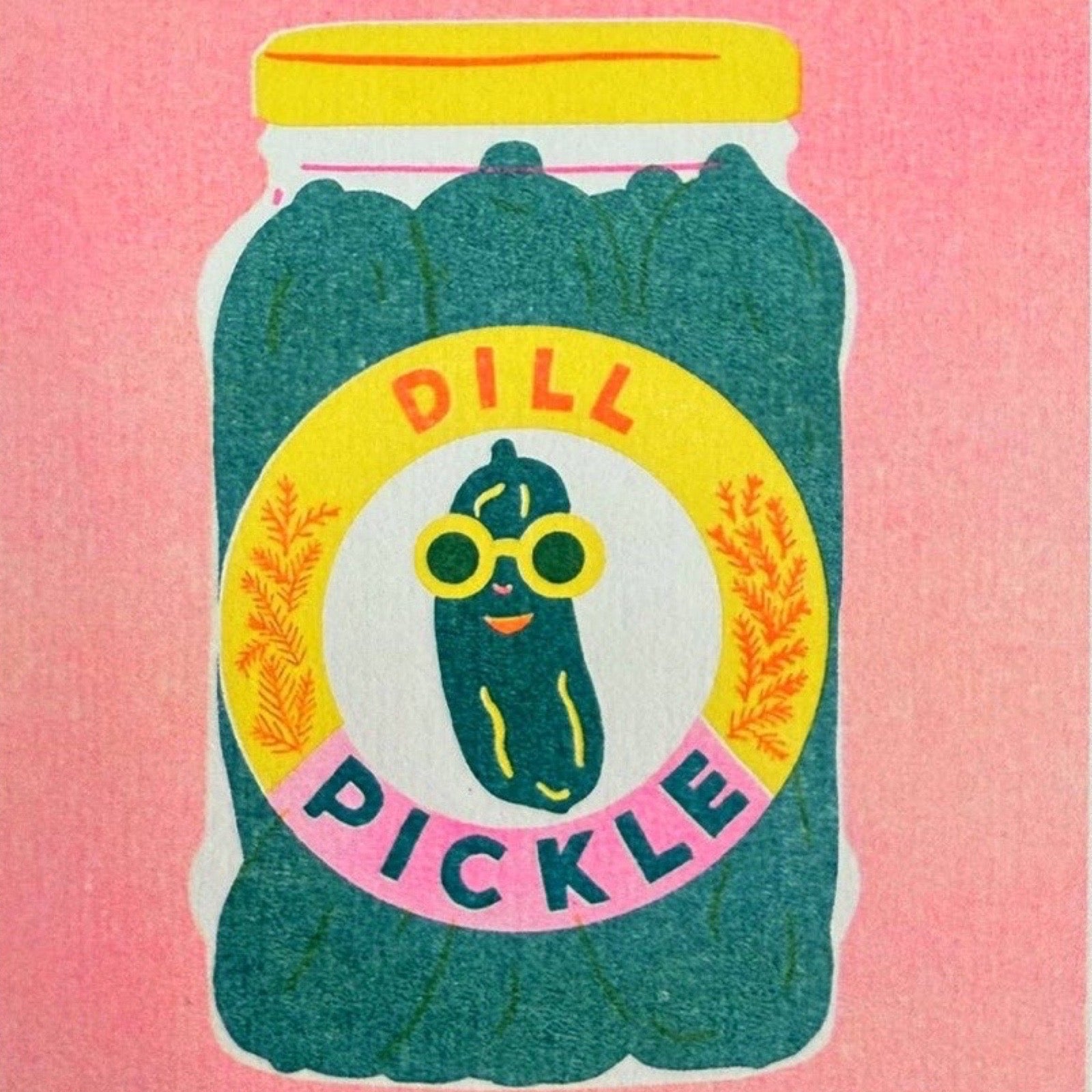 Illustration of a jar of dill pickles with a colourful label on a pink background.