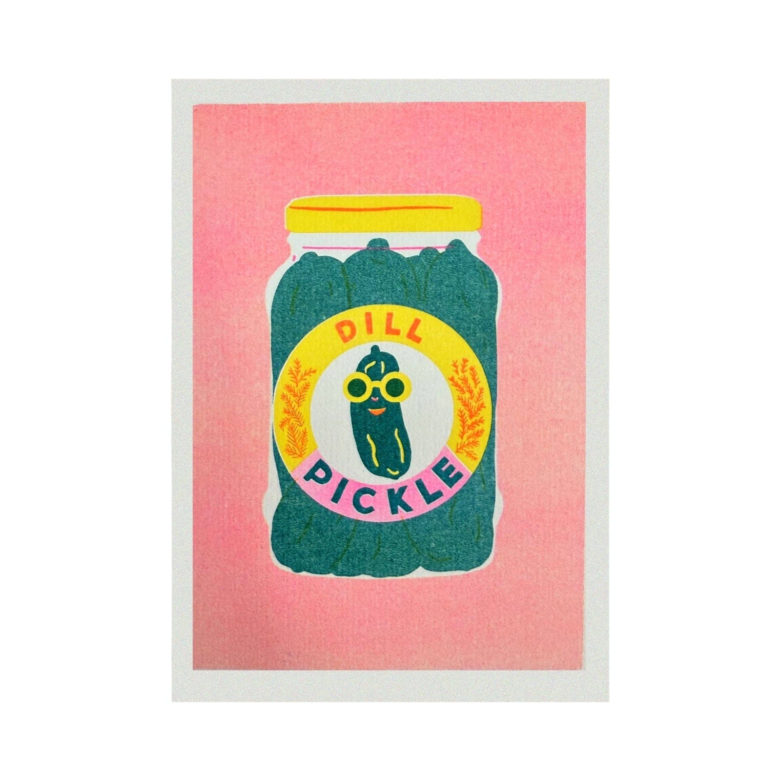 Illustration of a jar of dill pickles with a colourful label on a pink background.