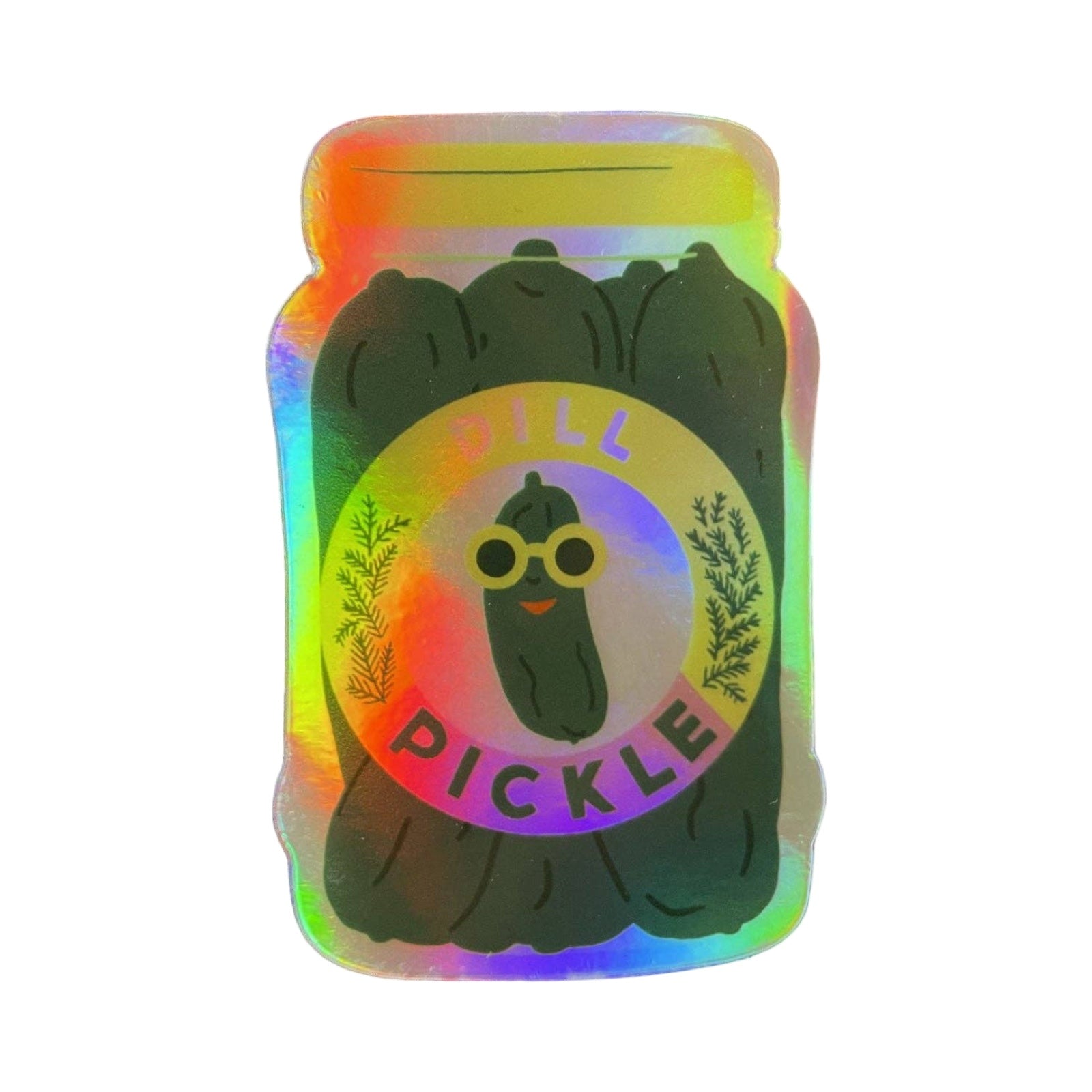 A holographic sticker of a jar of pickles.
