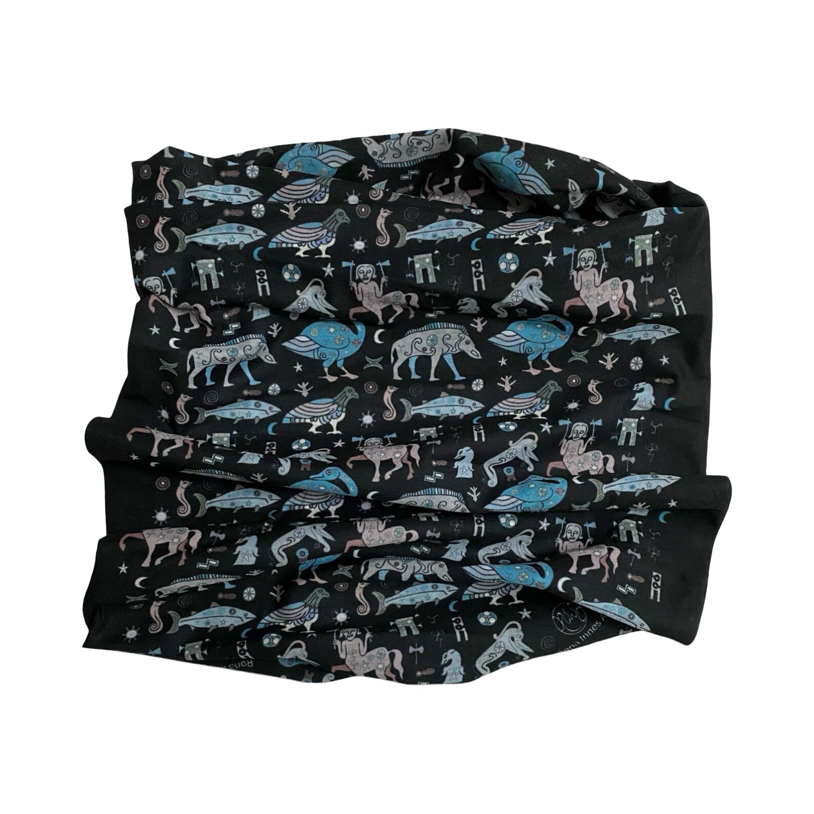 A neck warmer featuring illustrations inspired by the creatures and symbols found on Pictish standing stones in North East Scotland.