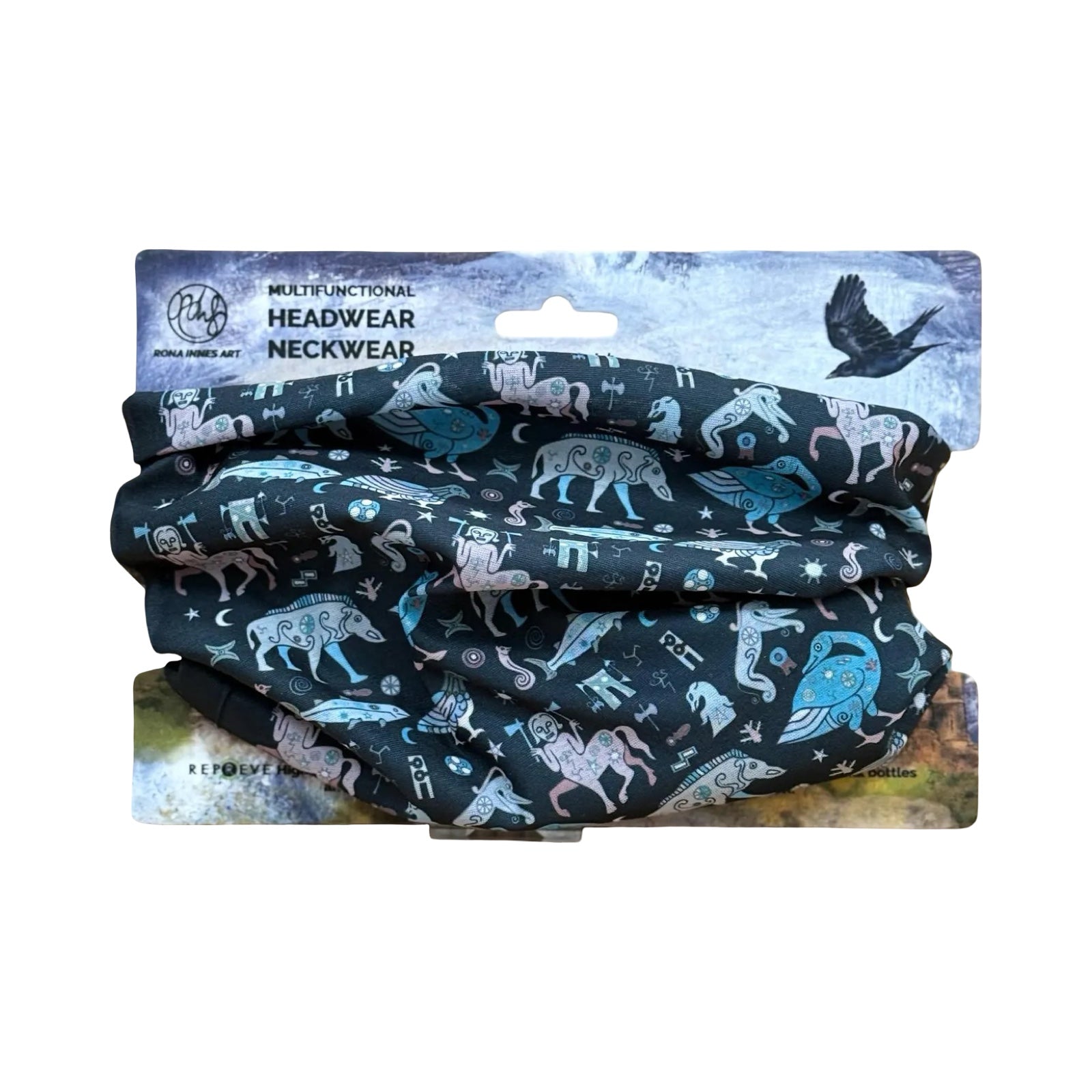 A neck warmer featuring illustrations inspired by the creatures and symbols found on Pictish standing stones in North East Scotland.