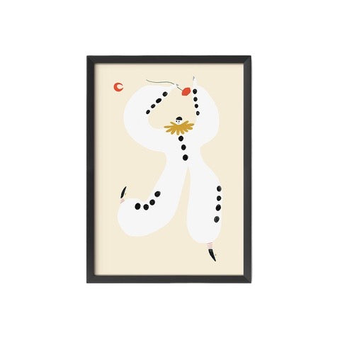 This print features an illustration of the character 'Pierrot' wearing a fabulous all-in-one white suit with black buttons. 