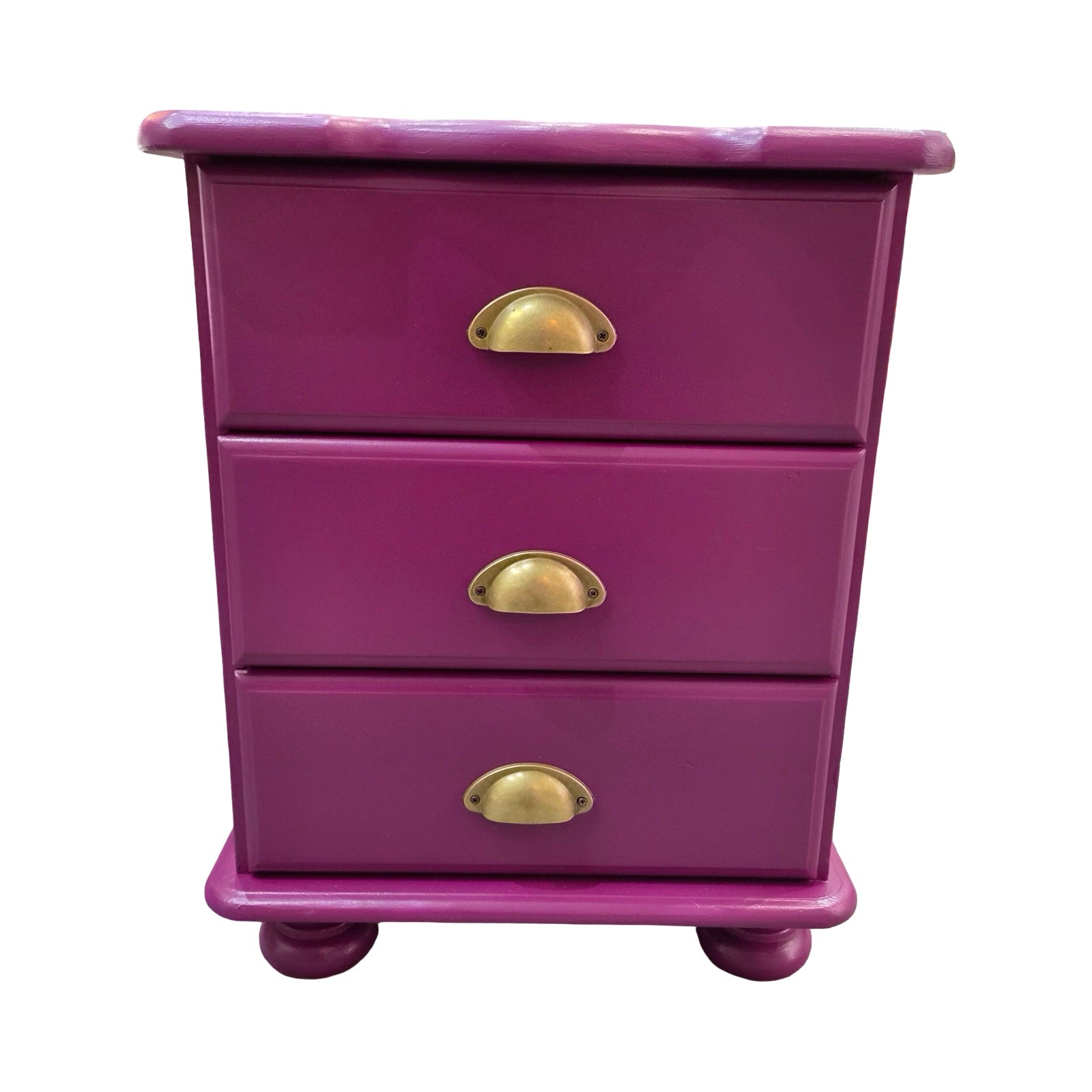 Purple three-drawer nightstand with gold handles on a white background.