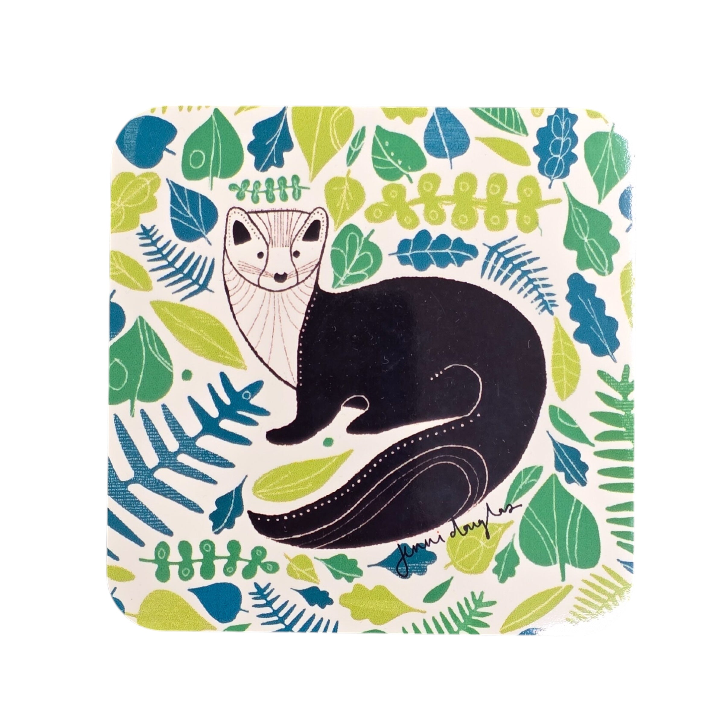 An image of a square wooden coaster with a picture of a Pine Marten surrounded by green foliage. 