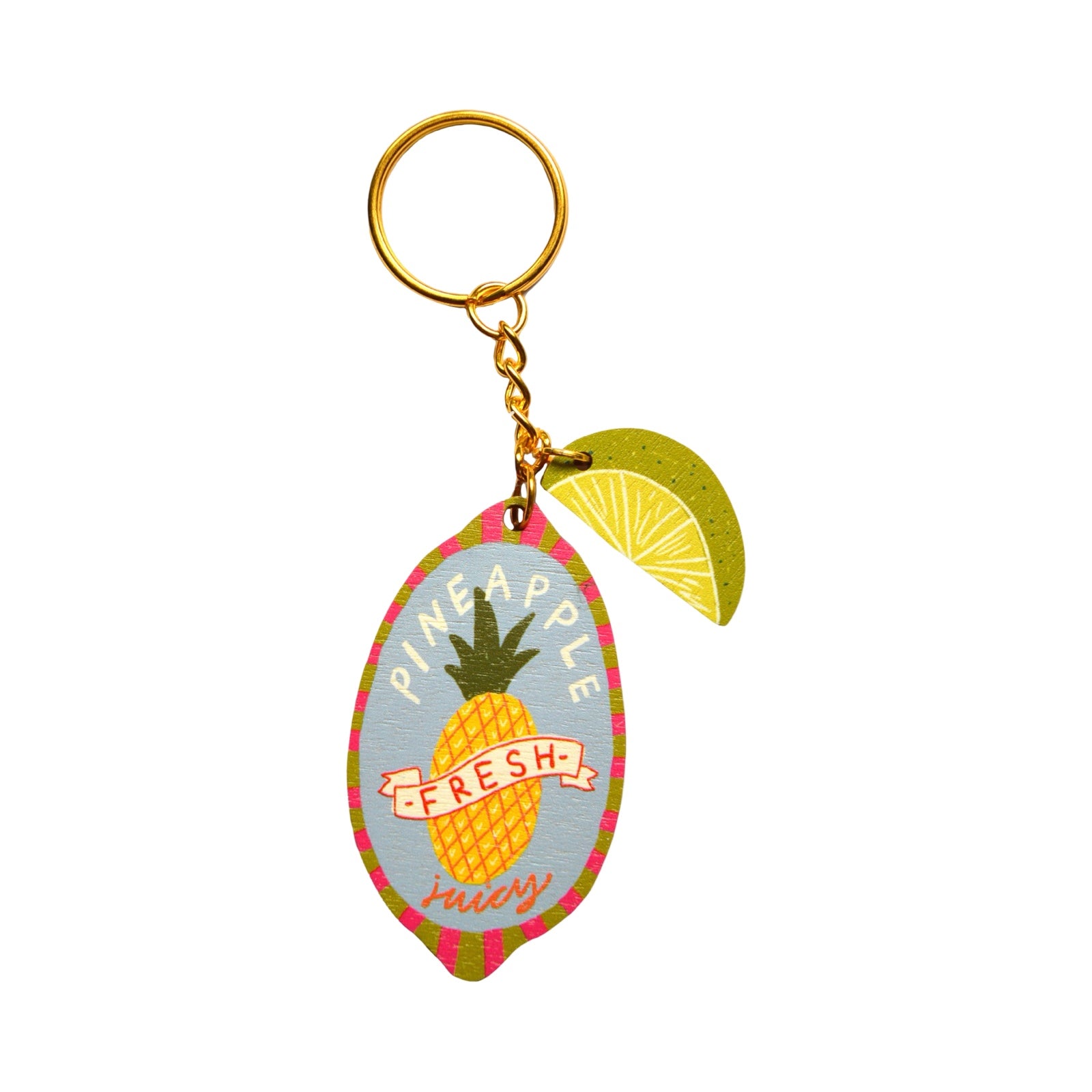 Keychain with pineapple design and lemon slice on a white background.