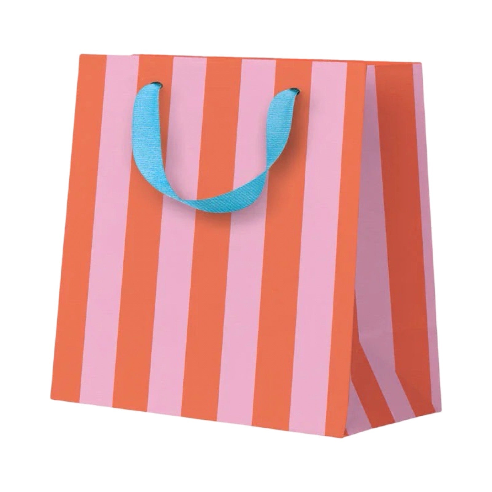 A paper gift bag with vertical stripes in orange and light pink, featuring a light blue ribbon handle, on a white background.